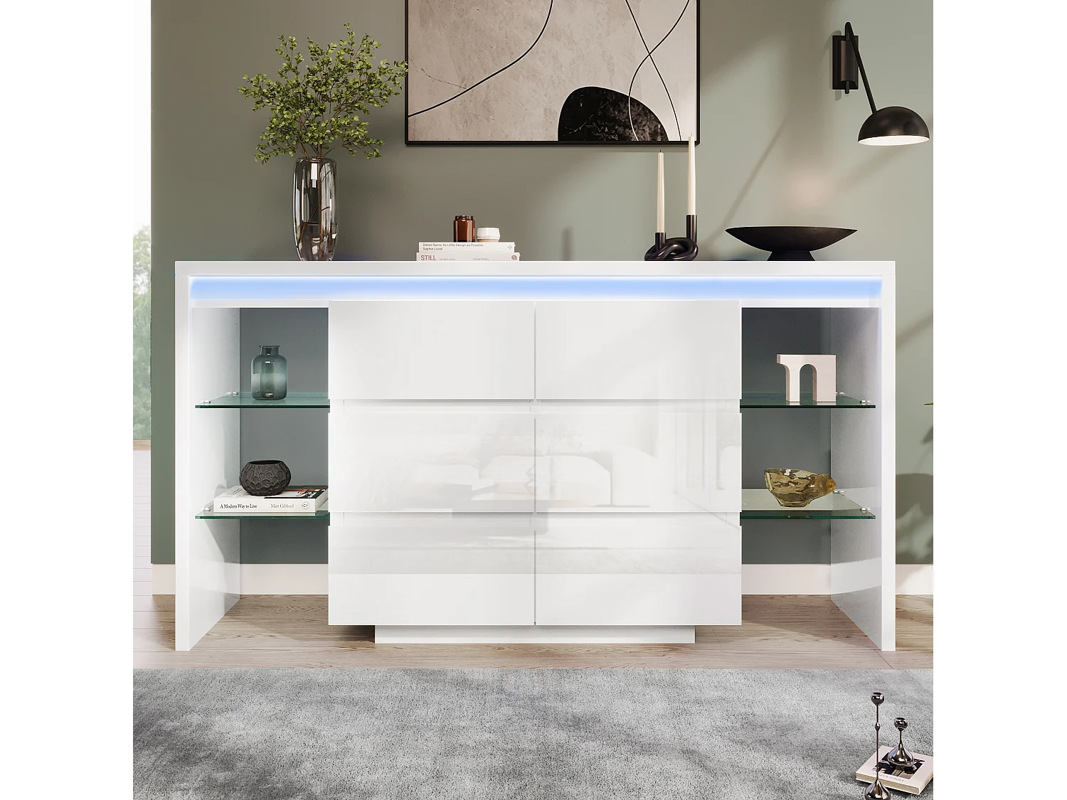 Buffet moderne 155x40x80 cm - avec éclairage LED - avec 6 tiroirs - 4 étagères en verre - surface très brillante - blanc