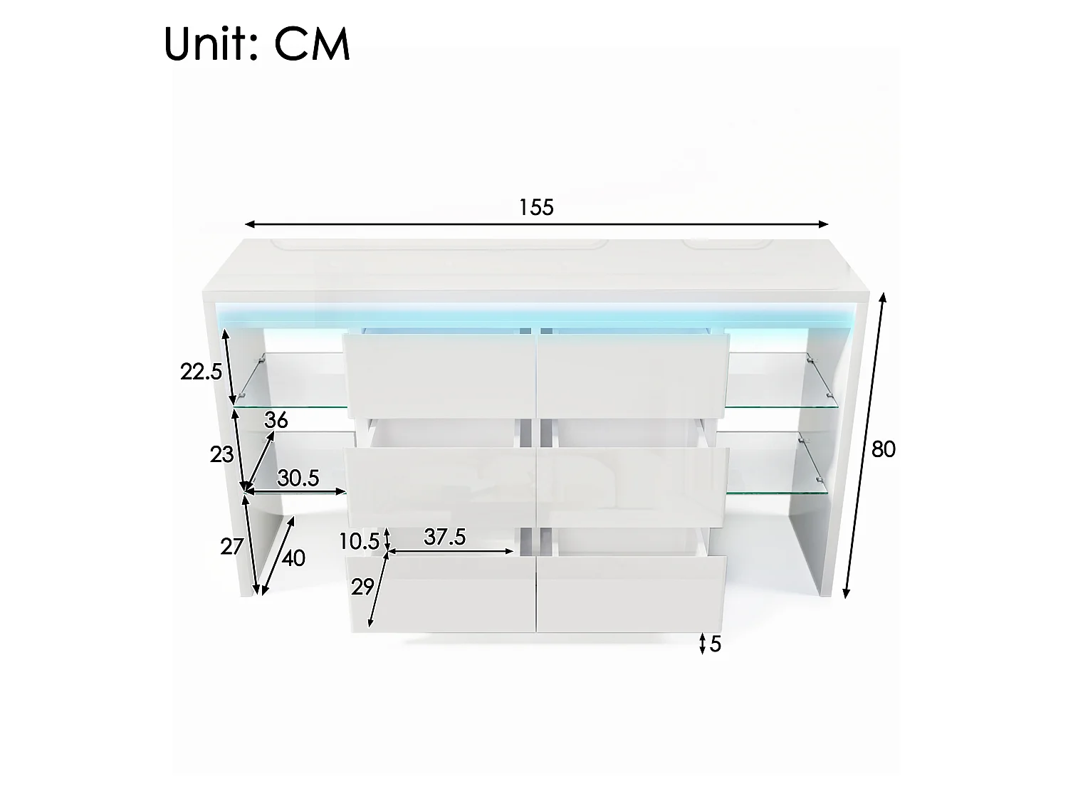 Buffet moderne 155x40x80 cm - avec éclairage LED - avec 6 tiroirs - 4 étagères en verre - surface très brillante - blanc