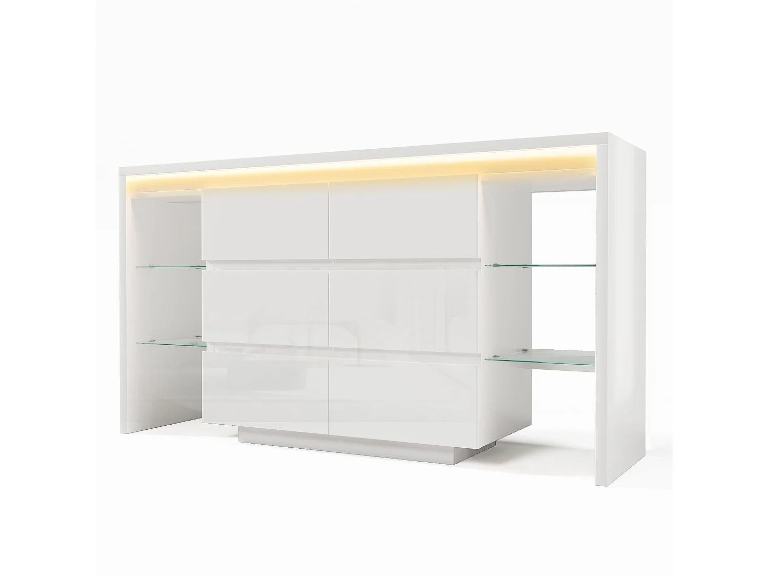 Buffet moderne 155x40x80 cm - avec éclairage LED - avec 6 tiroirs - 4 étagères en verre - surface très brillante - blanc