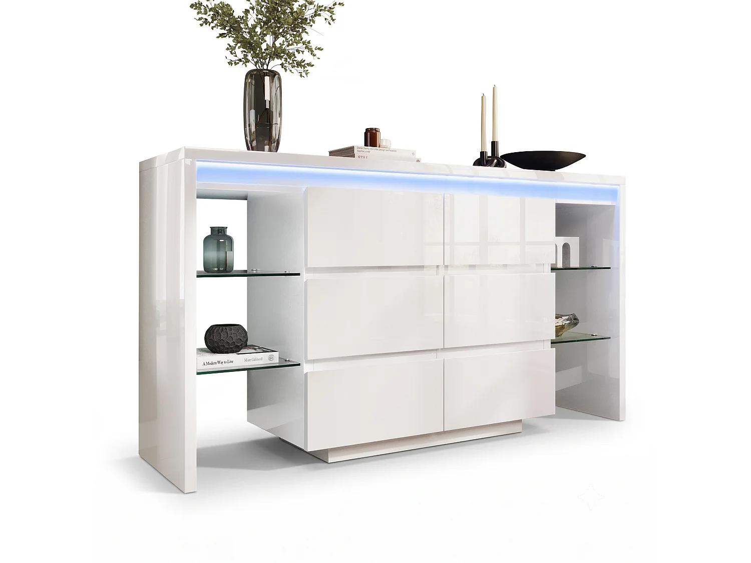 Buffet moderne 155x40x80 cm - avec éclairage LED - avec 6 tiroirs - 4 étagères en verre - surface très brillante - blanc