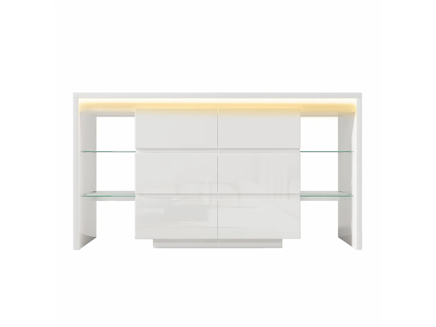 Buffet moderne 155x40x80 cm - avec éclairage LED - avec 6 tiroirs - 4 étagères en verre - surface très brillante - blanc