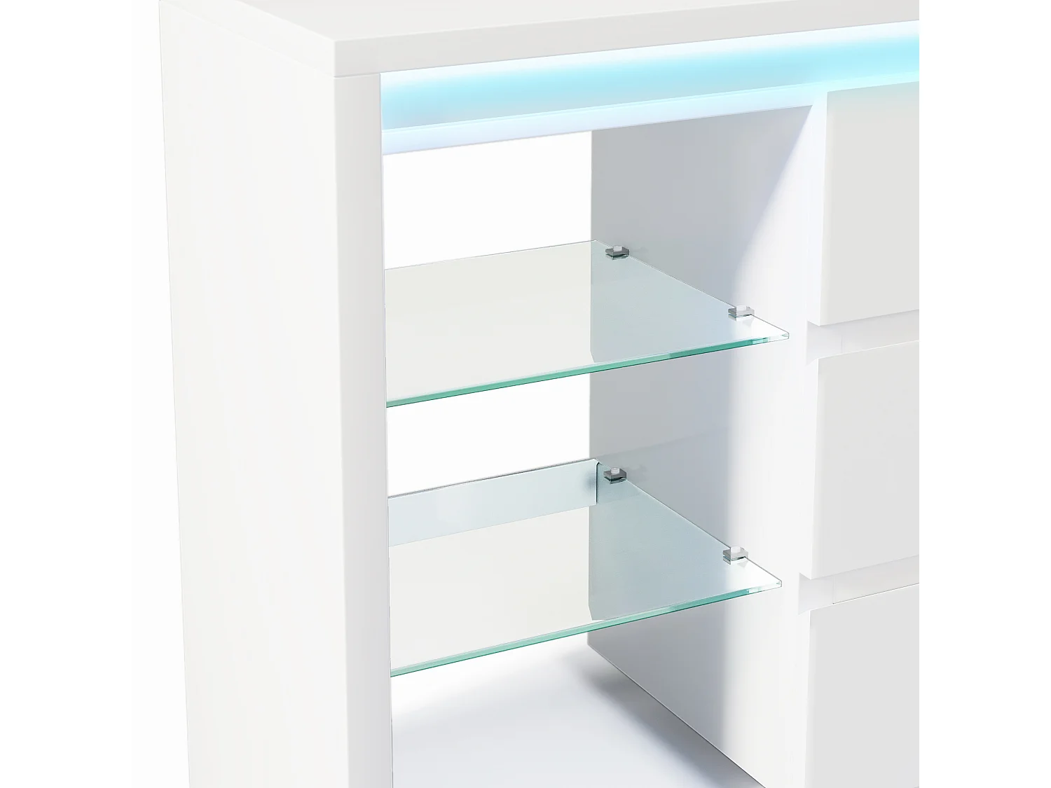 Buffet moderne 155x40x80 cm - avec éclairage LED - avec 6 tiroirs - 4 étagères en verre - surface très brillante - blanc