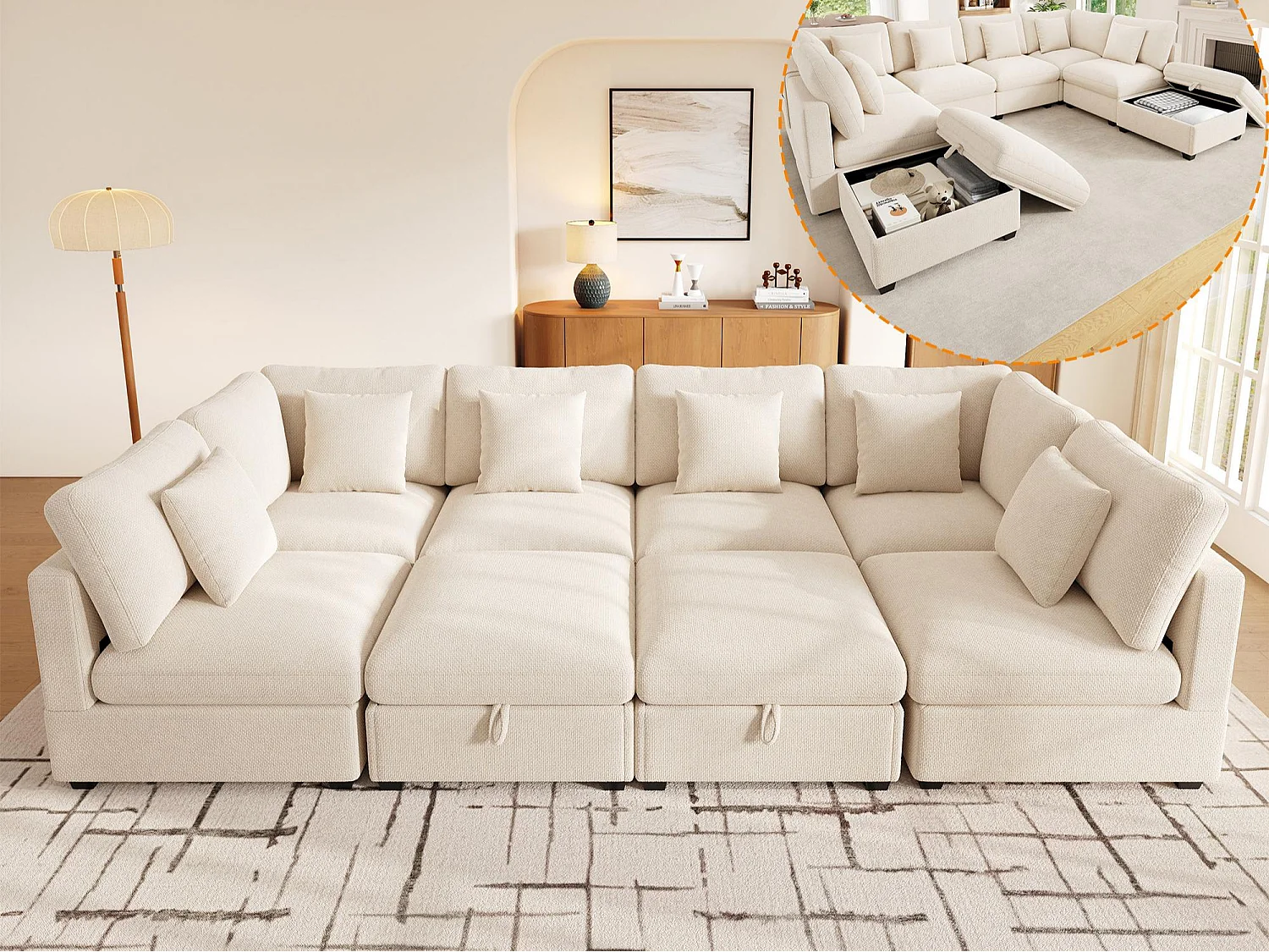 U-förmige Ecksofa - Modulares 8-Sitzer-Sofa - mit 2 Poufs - Integrierte Seitentaschen in den Armlehnen - 6 Kissen inklusive - Beige