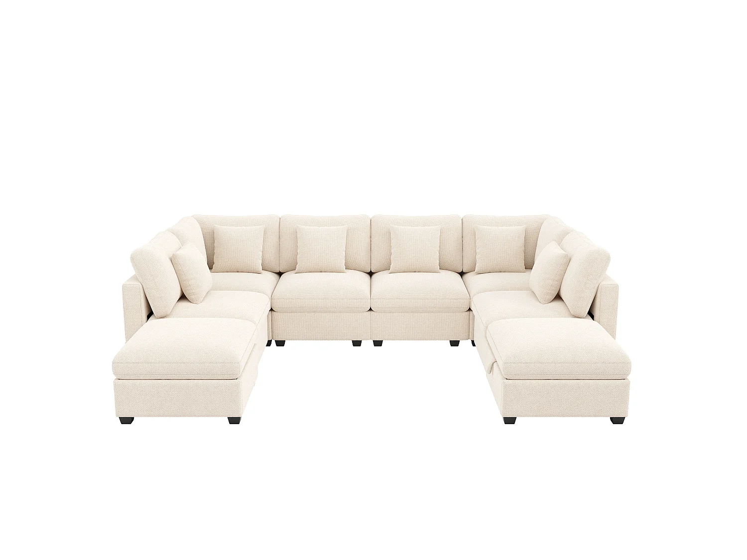 U-förmige Ecksofa - Modulares 8-Sitzer-Sofa - mit 2 Poufs - Integrierte Seitentaschen in den Armlehnen - 6 Kissen inklusive - Beige