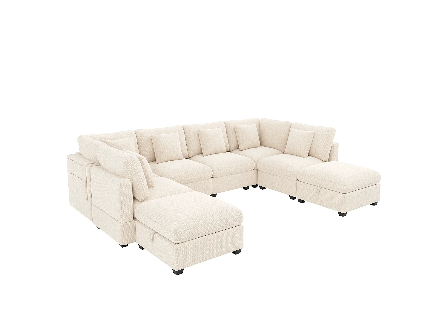 U-förmige Ecksofa - Modulares 8-Sitzer-Sofa - mit 2 Poufs - Integrierte Seitentaschen in den Armlehnen - 6 Kissen inklusive - Beige