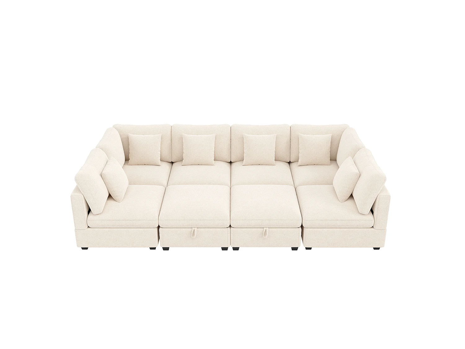 U-förmige Ecksofa - Modulares 8-Sitzer-Sofa - mit 2 Poufs - Integrierte Seitentaschen in den Armlehnen - 6 Kissen inklusive - Beige
