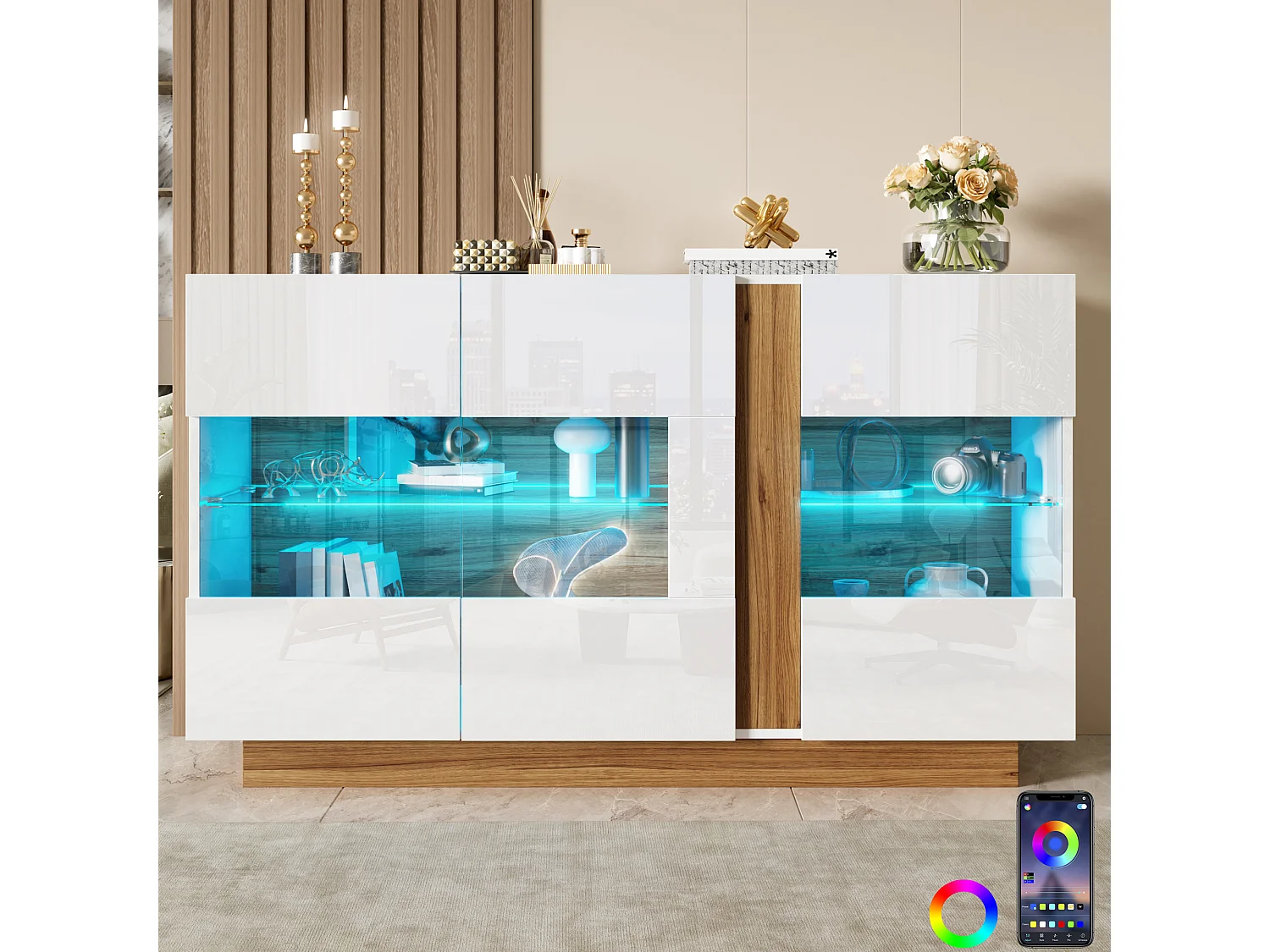 Buffet moderne 120x38x80cm - avec 3 portes en acrylique - lumières LED à intensité variable - Blanc + Naturel
