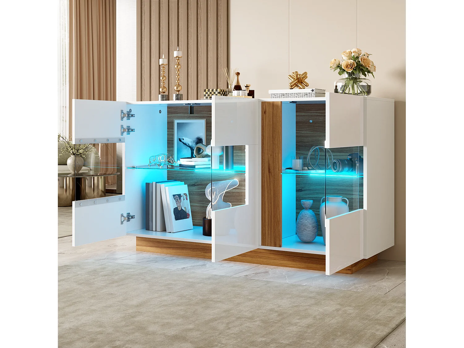Buffet moderne 120x38x80cm - avec 3 portes en acrylique - lumières LED à intensité variable - Blanc + Naturel