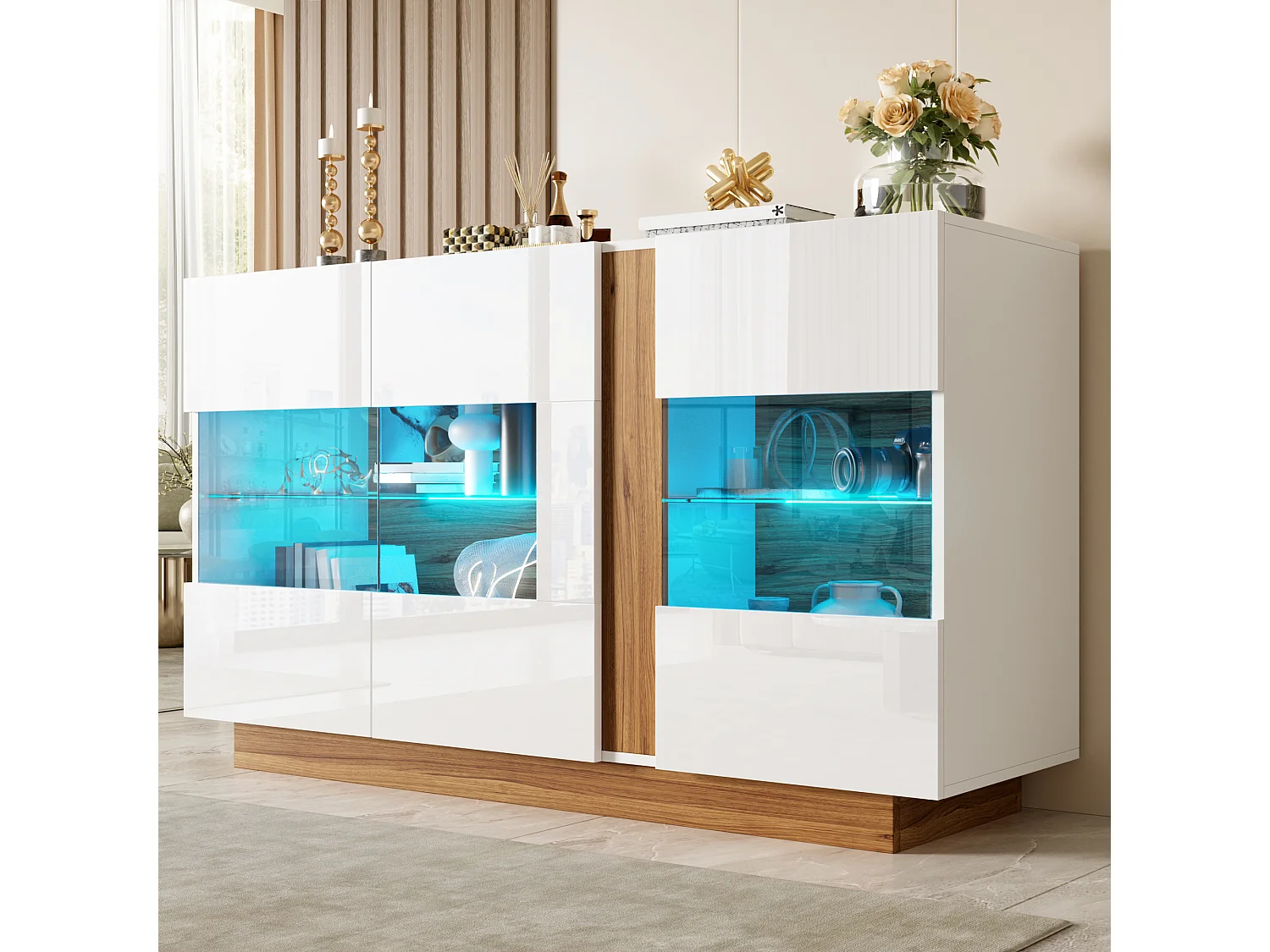 Buffet moderne 120x38x80cm - avec 3 portes en acrylique - lumières LED à intensité variable - Blanc + Naturel