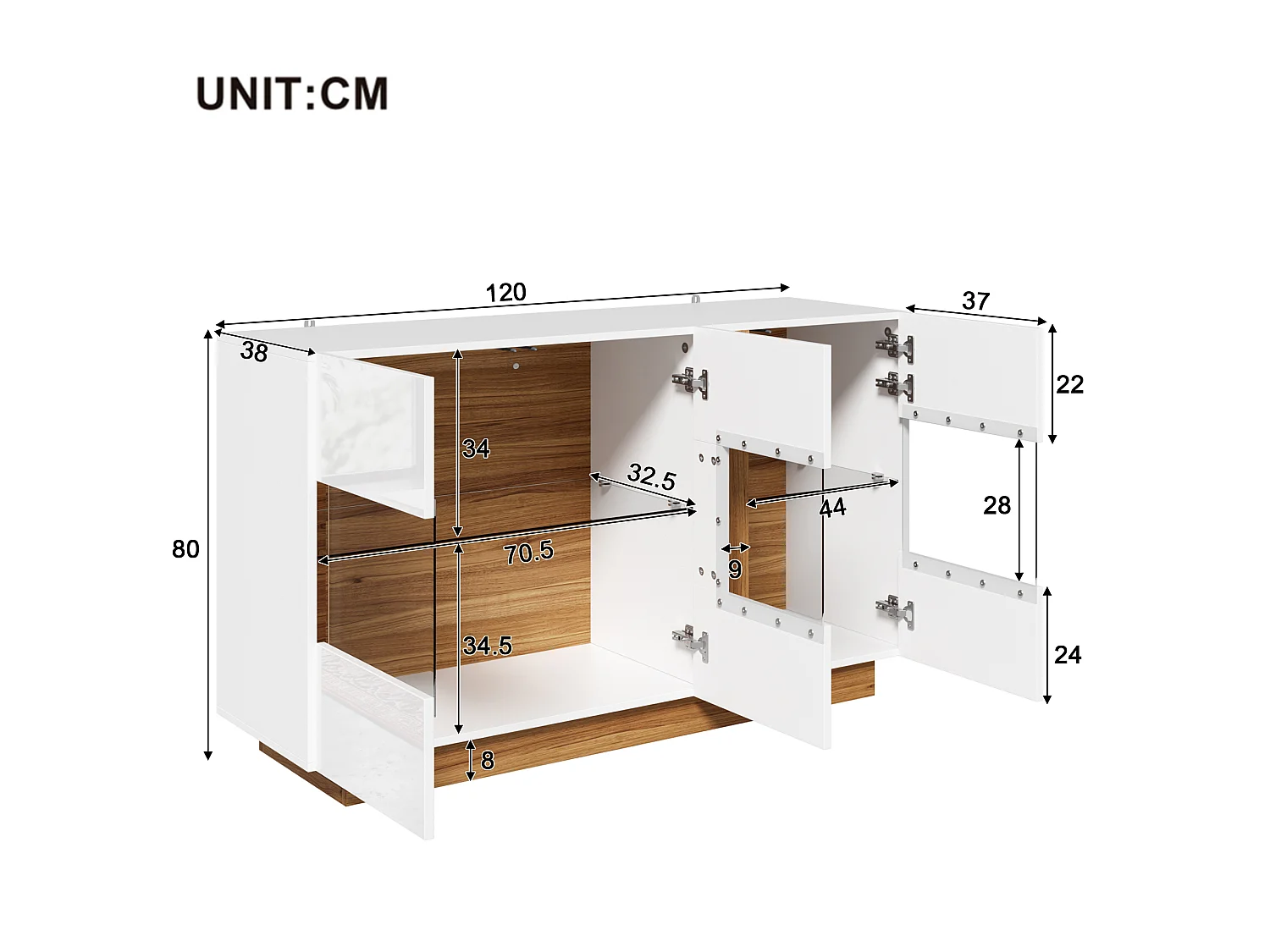 Buffet moderne 120x38x80cm - avec 3 portes en acrylique - lumières LED à intensité variable - Blanc + Naturel