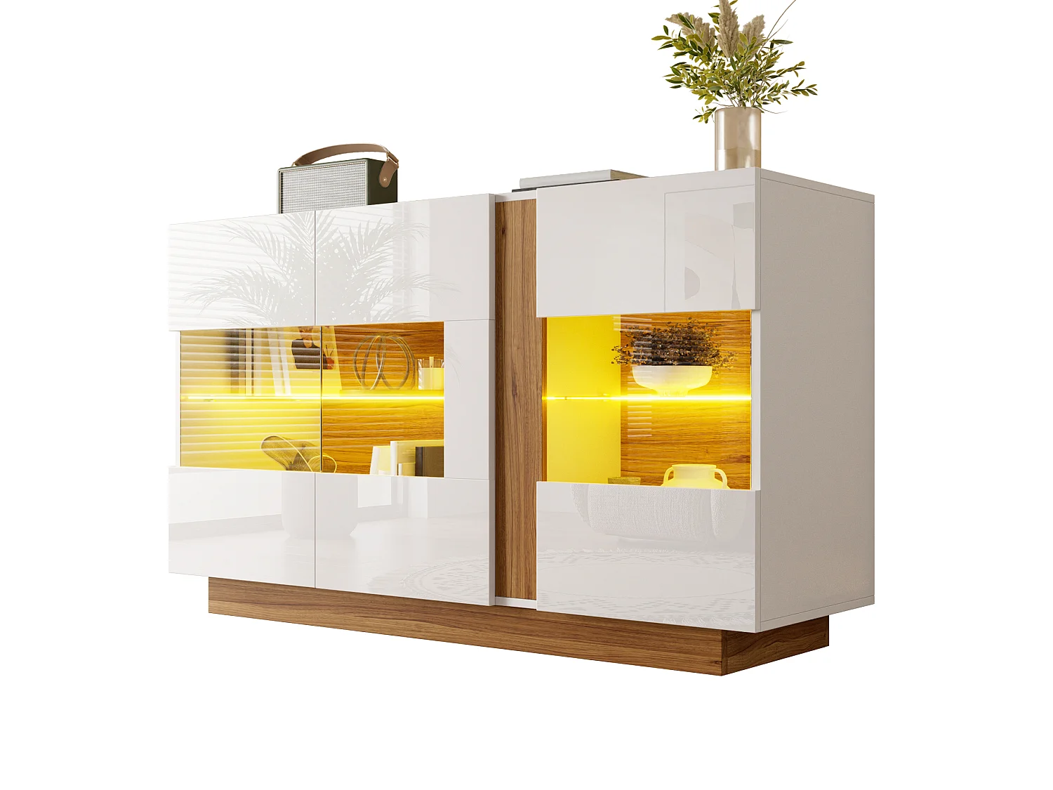 Buffet moderne 120x38x80cm - avec 3 portes en acrylique - lumières LED à intensité variable - Blanc + Naturel