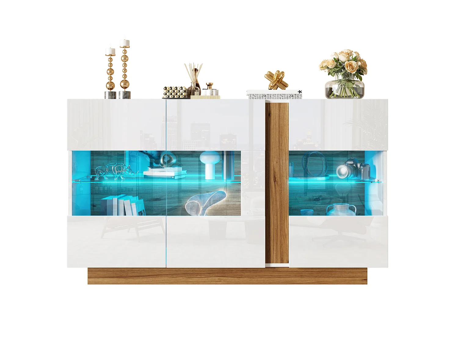 Buffet moderne 120x38x80cm - avec 3 portes en acrylique - lumières LED à intensité variable - Blanc + Naturel