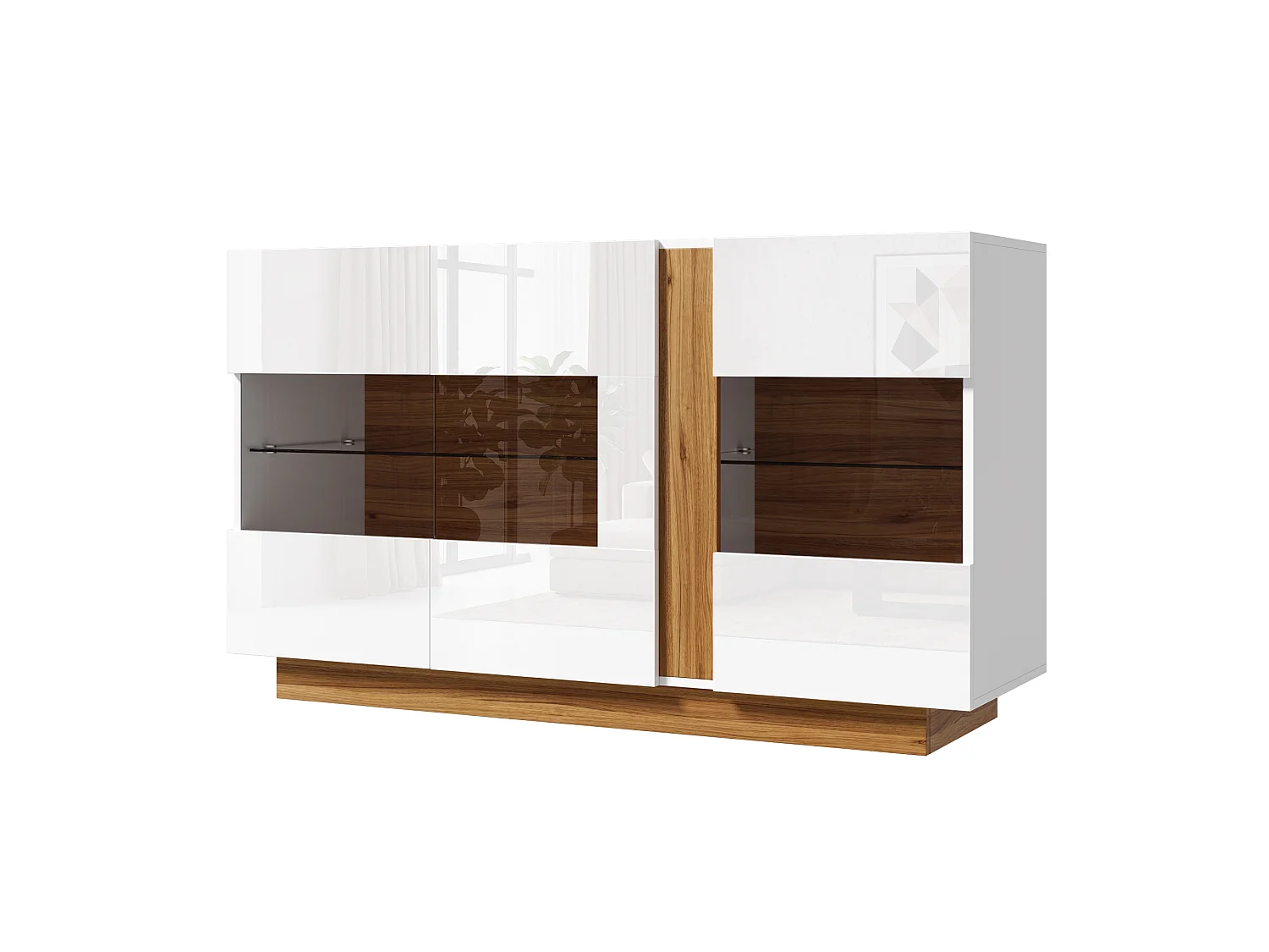 Buffet moderne 120x38x80cm - avec 3 portes en acrylique - lumières LED à intensité variable - Blanc + Naturel