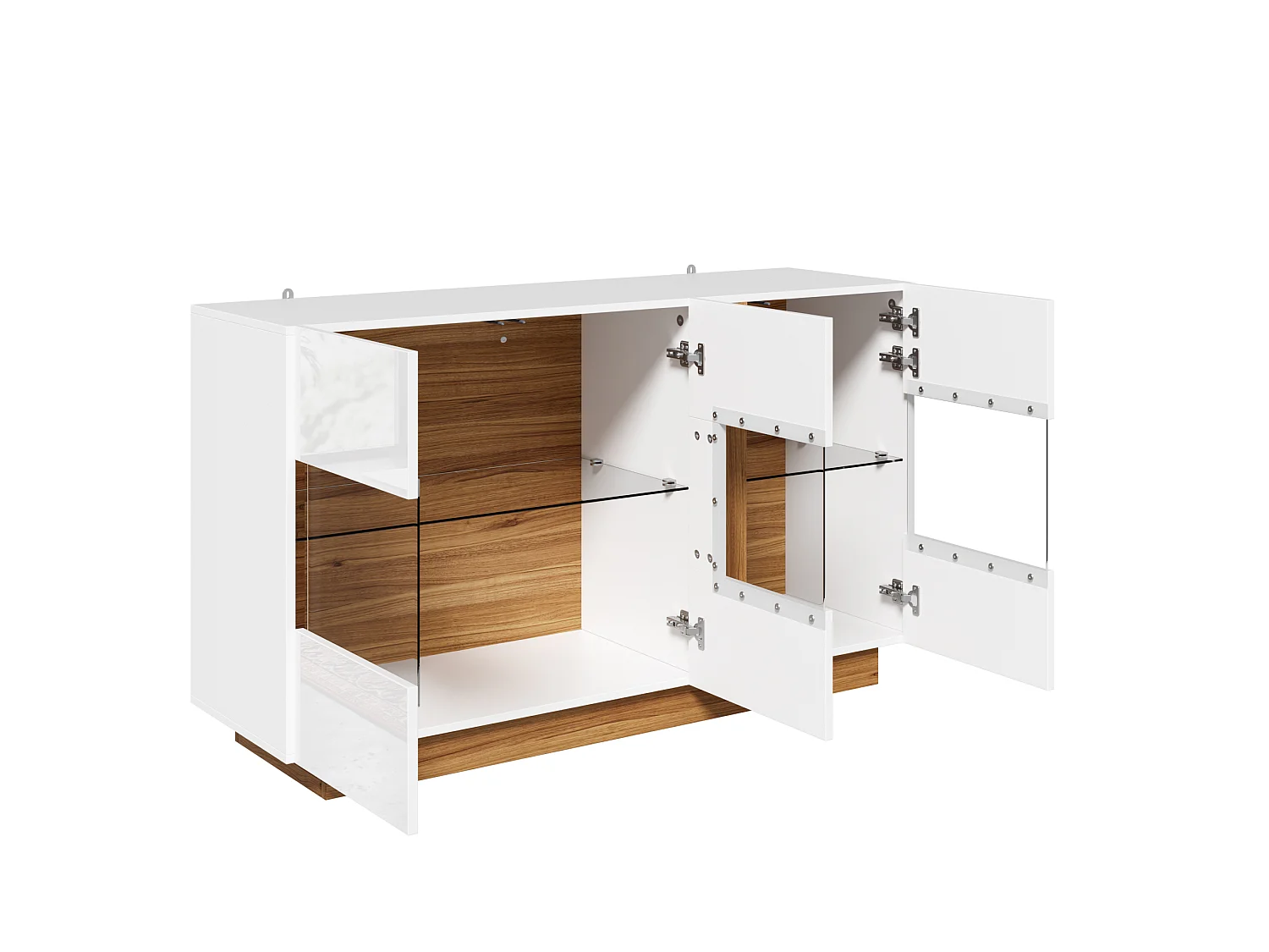 Buffet moderne 120x38x80cm - avec 3 portes en acrylique - lumières LED à intensité variable - Blanc + Naturel