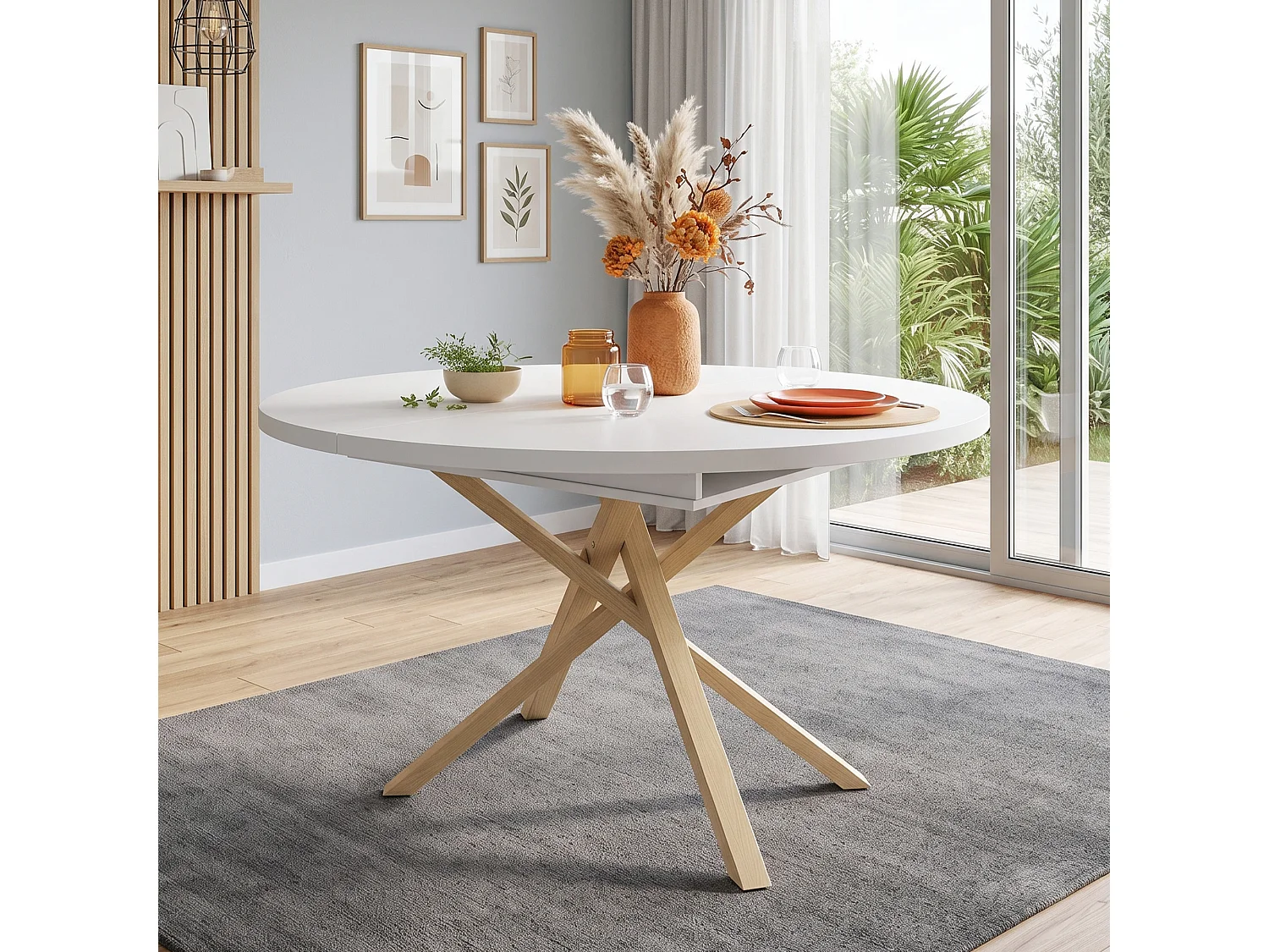 Table à manger extensible 100/140x100 cm - Idéale pour 4 à 6 personnes - Plateau rond et piètement croisé - Blanc et Naturel