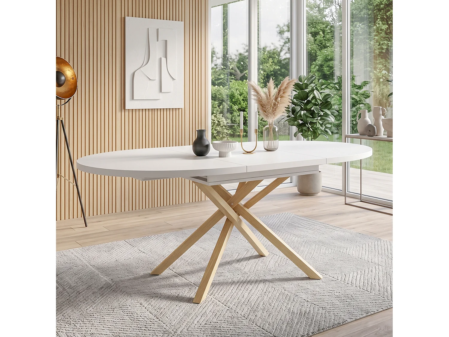 Table à manger extensible 100/140x100 cm - Idéale pour 4 à 6 personnes - Plateau rond et piètement croisé - Blanc et Naturel