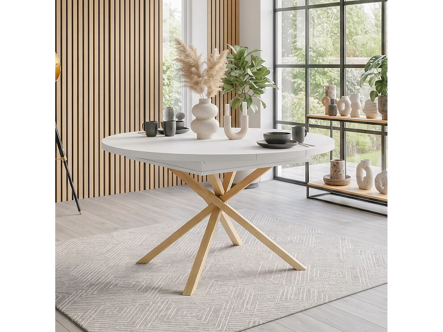 Table à manger extensible 100/140x100 cm - Idéale pour 4 à 6 personnes - Plateau rond et piètement croisé - Blanc et Naturel