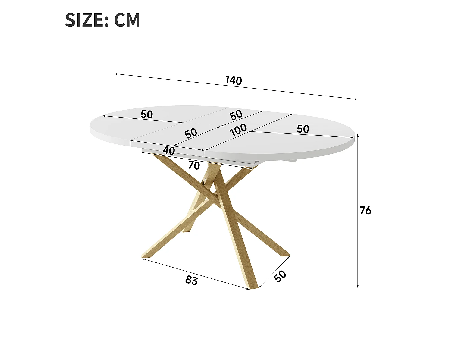 Table à manger extensible 100/140x100 cm - Idéale pour 4 à 6 personnes - Plateau rond et piètement croisé - Blanc et Naturel