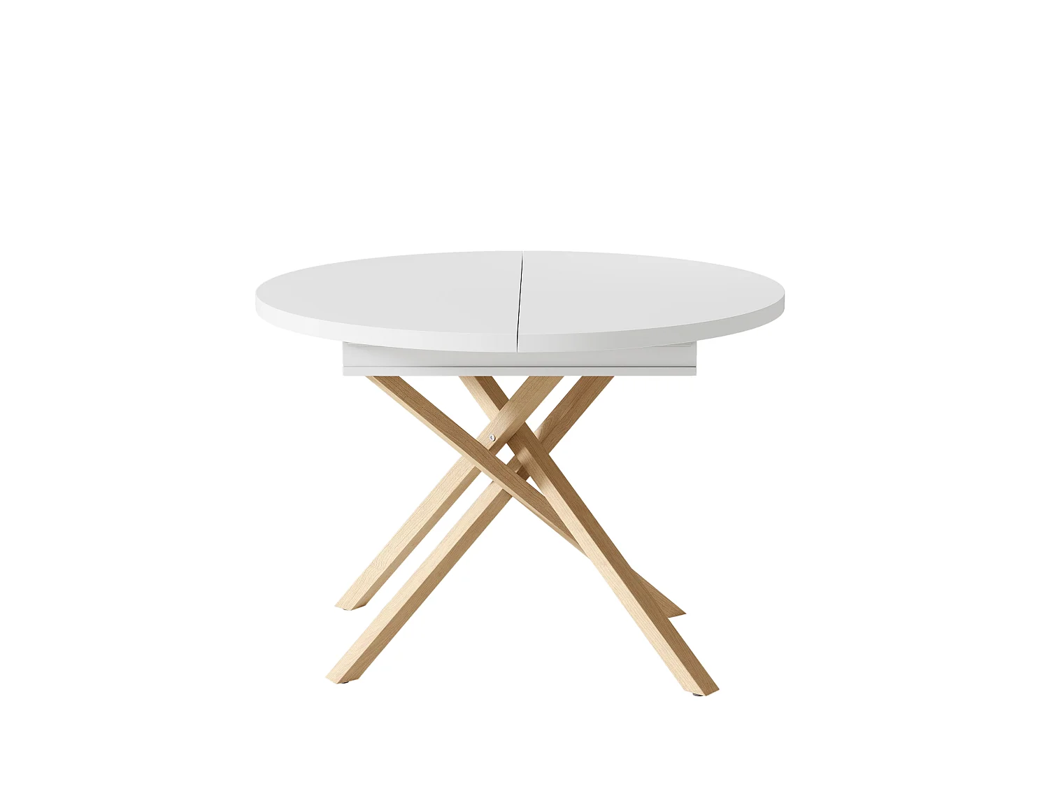 Table à manger extensible 100/140x100 cm - Idéale pour 4 à 6 personnes - Plateau rond et piètement croisé - Blanc et Naturel