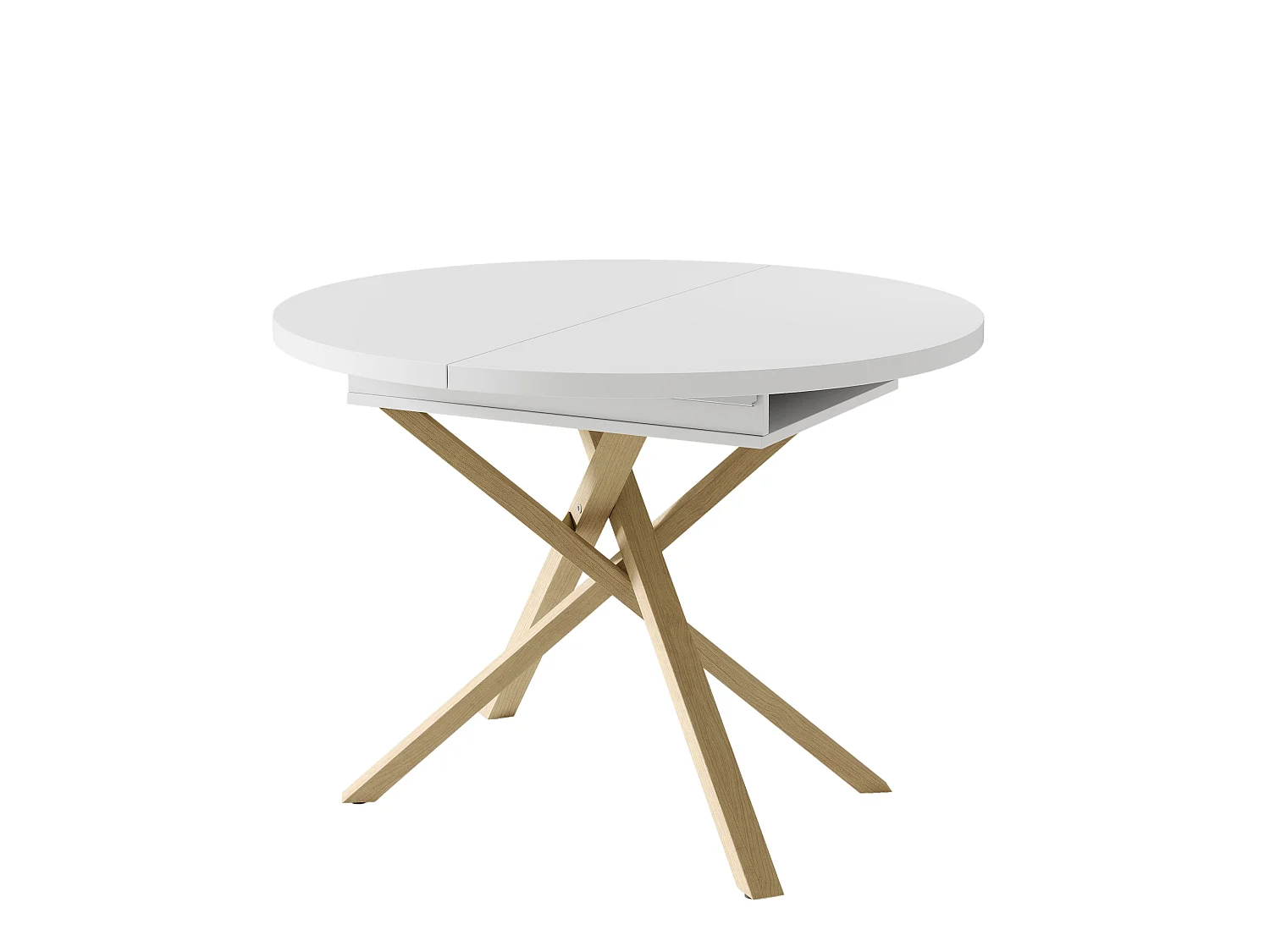 Table à manger extensible 100/140x100 cm - Idéale pour 4 à 6 personnes - Plateau rond et piètement croisé - Blanc et Naturel