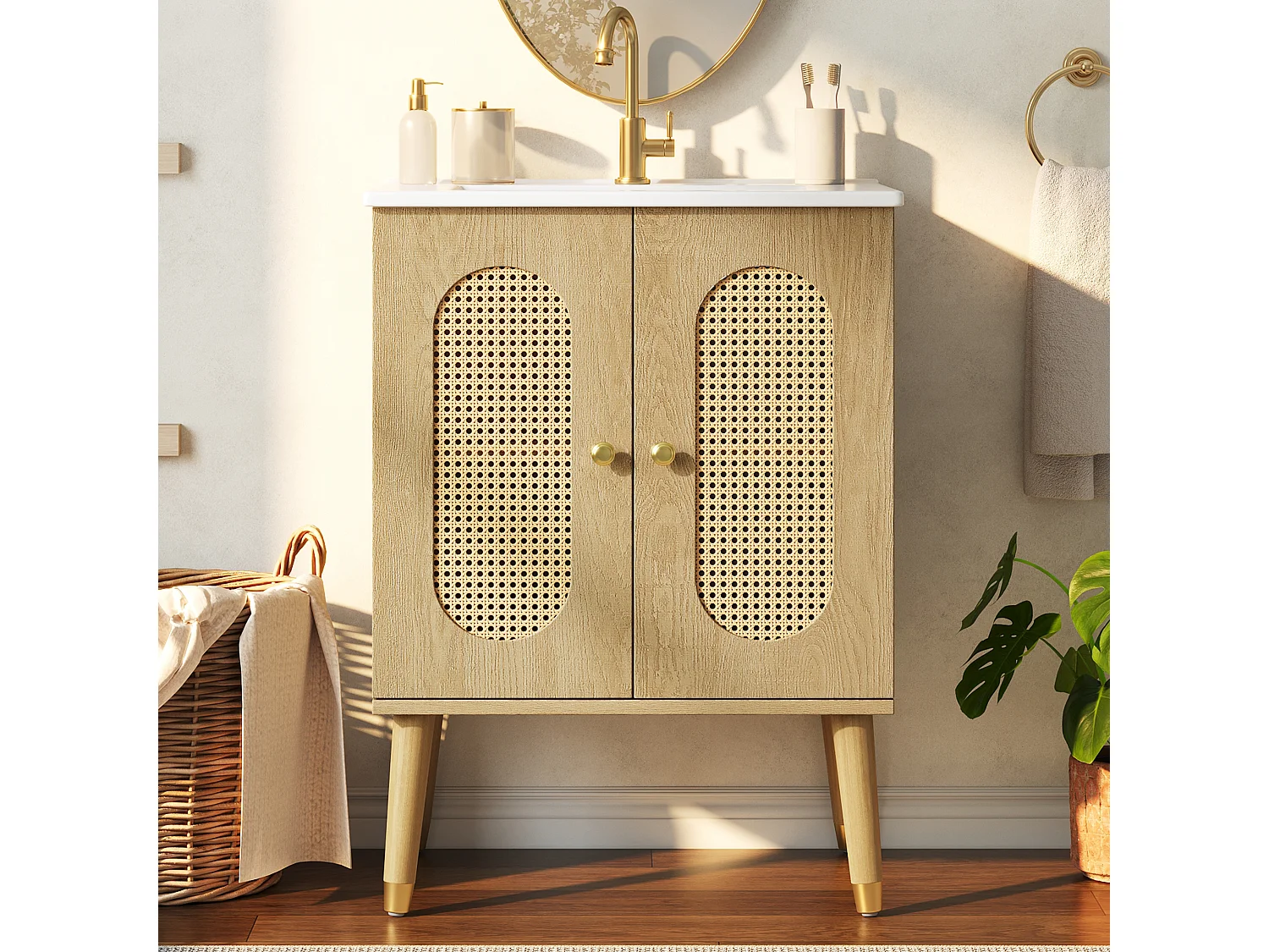 Meuble de Salle de Bain 61cm avec Vasque en Céramique - Ensemble sous-vasque sur pieds, Portes en Rotin, Finition Bois Nature - Naturel