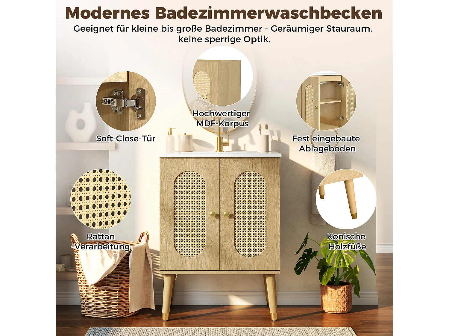 Meuble de Salle de Bain 61cm avec Vasque en Céramique - Ensemble sous-vasque sur pieds, Portes en Rotin, Finition Bois Nature - Naturel