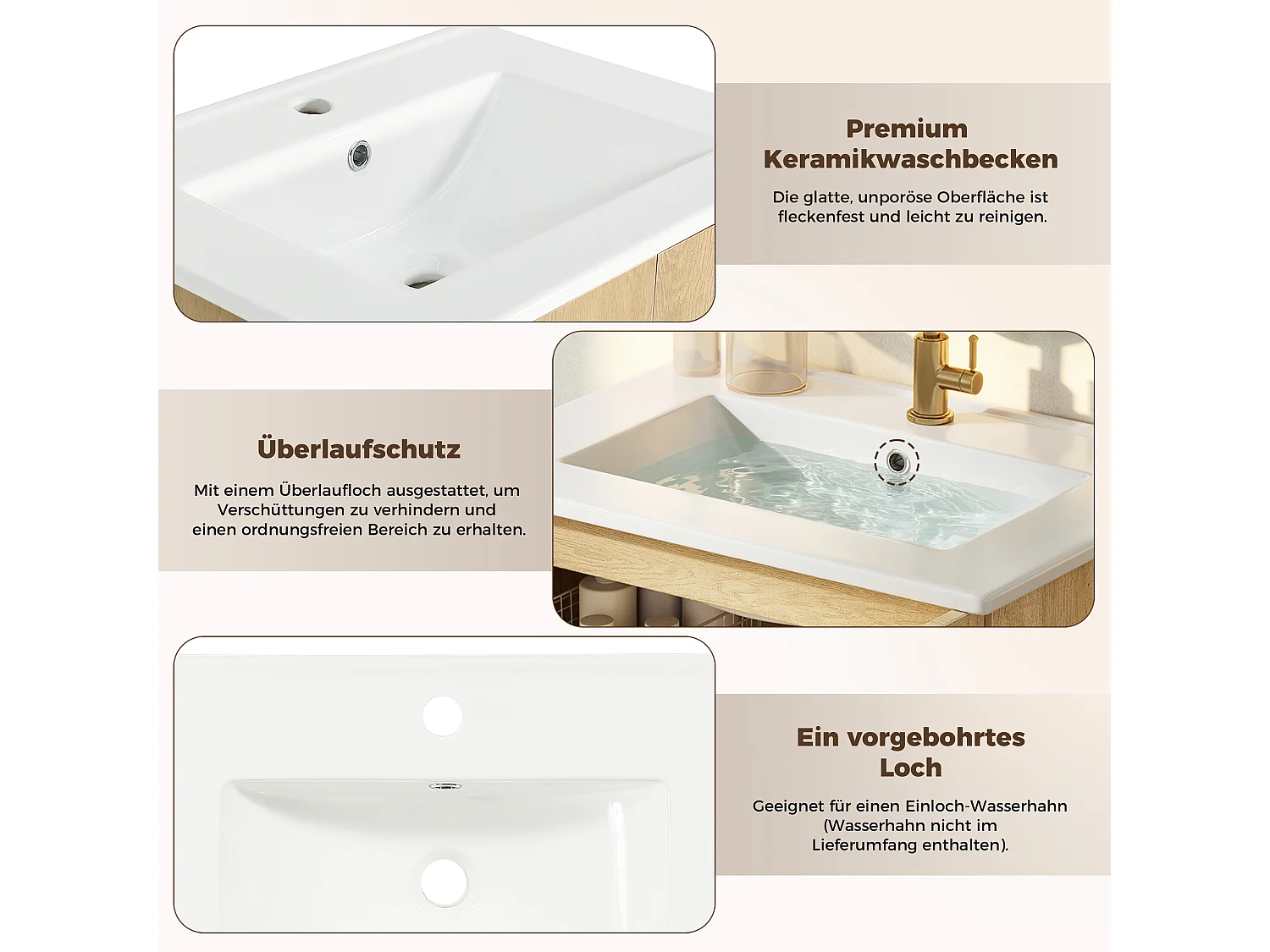 Meuble de Salle de Bain 61cm avec Vasque en Céramique - Ensemble sous-vasque sur pieds, Portes en Rotin, Finition Bois Nature - Naturel