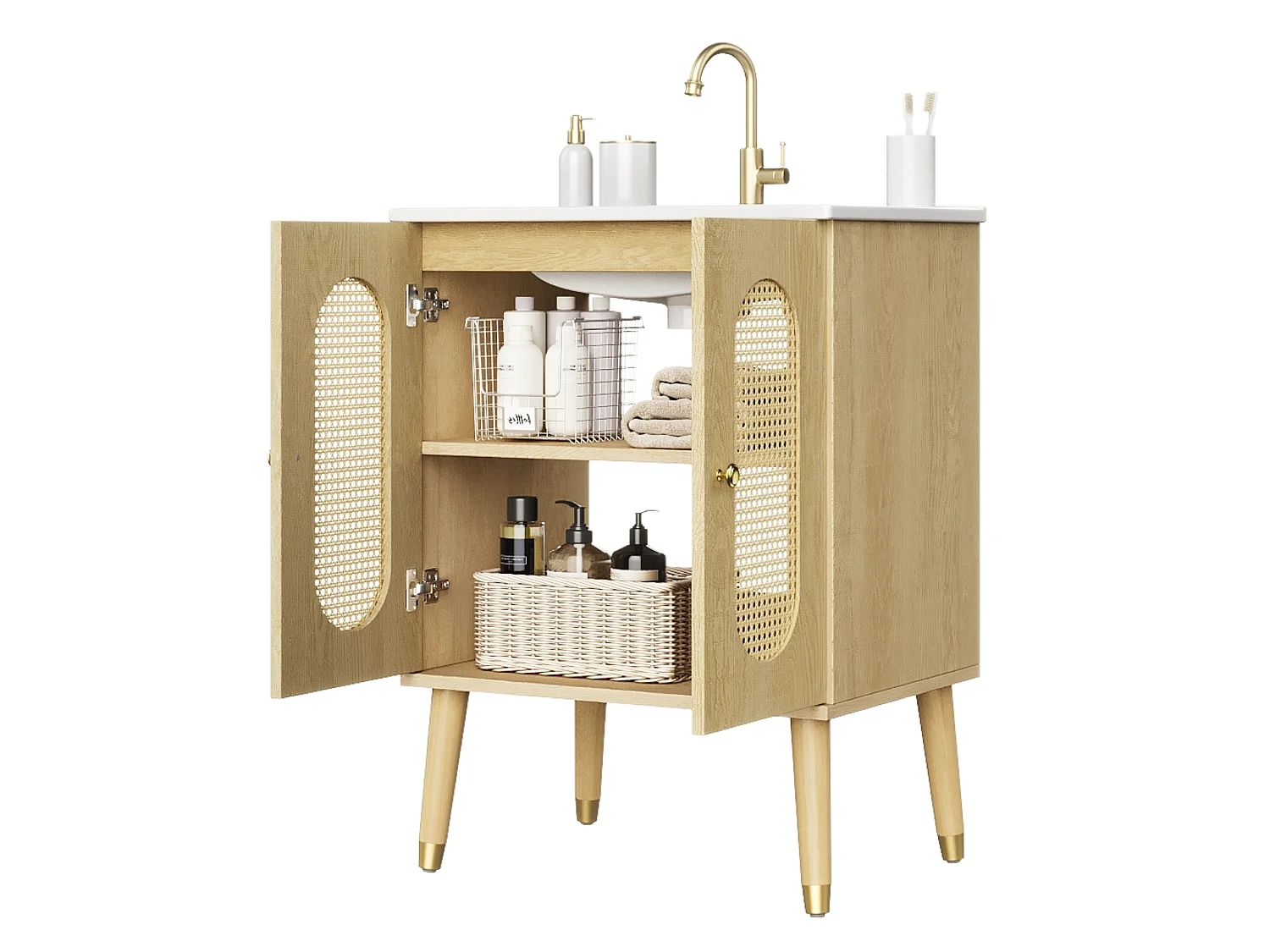 Meuble de Salle de Bain 61cm avec Vasque en Céramique - Ensemble sous-vasque sur pieds, Portes en Rotin, Finition Bois Nature - Naturel