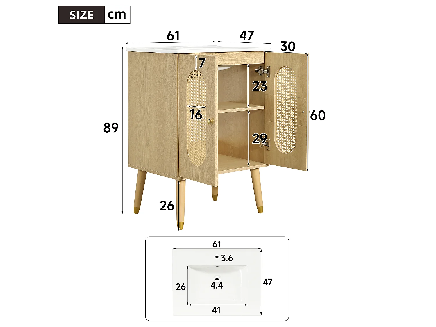 Meuble de Salle de Bain 61cm avec Vasque en Céramique - Ensemble sous-vasque sur pieds, Portes en Rotin, Finition Bois Nature - Naturel