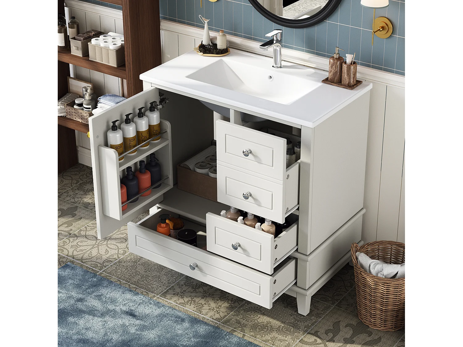 Meuble de Salle de Bain 81cm avec Vasque en Céramique - Ensemble sous-vasque sur pieds, 3 Tiroirs - Blanc Laqué