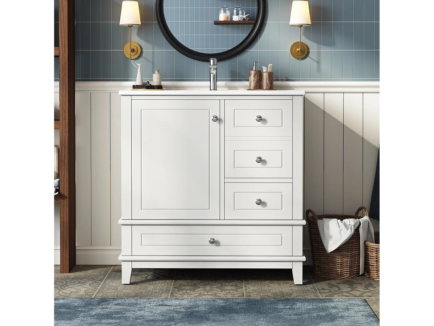 Meuble de Salle de Bain 81cm avec Vasque en Céramique - Ensemble sous-vasque sur pieds, 3 Tiroirs - Blanc Laqué
