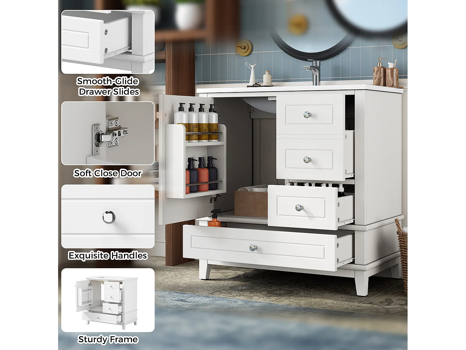 Meuble de Salle de Bain 81cm avec Vasque en Céramique - Ensemble sous-vasque sur pieds, 3 Tiroirs - Blanc Laqué