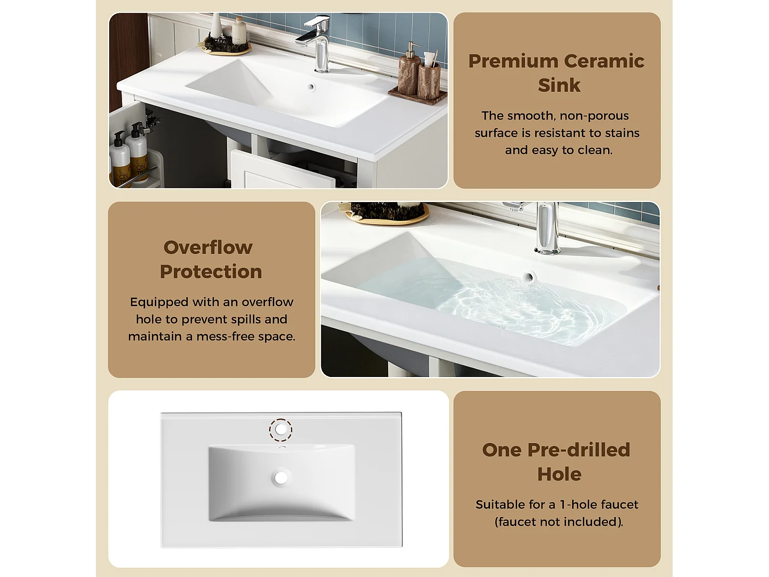 Meuble de Salle de Bain 81cm avec Vasque en Céramique - Ensemble sous-vasque sur pieds, 3 Tiroirs - Blanc Laqué