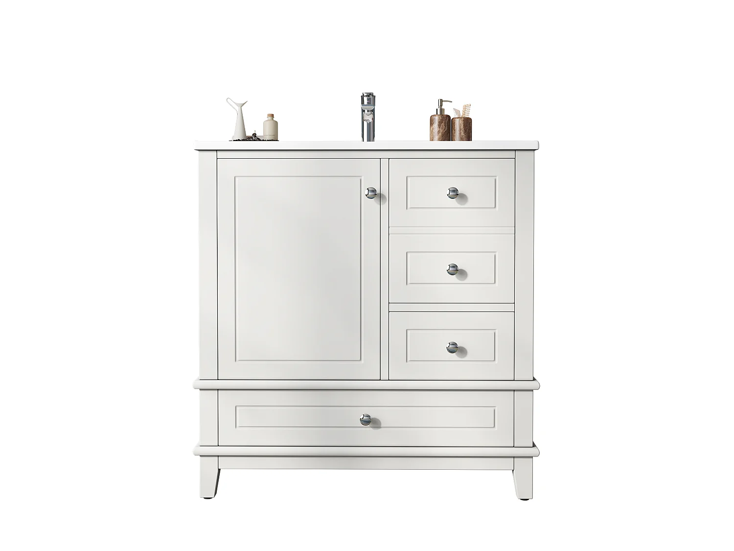 Meuble de Salle de Bain 81cm avec Vasque en Céramique - Ensemble sous-vasque sur pieds, 3 Tiroirs - Blanc Laqué