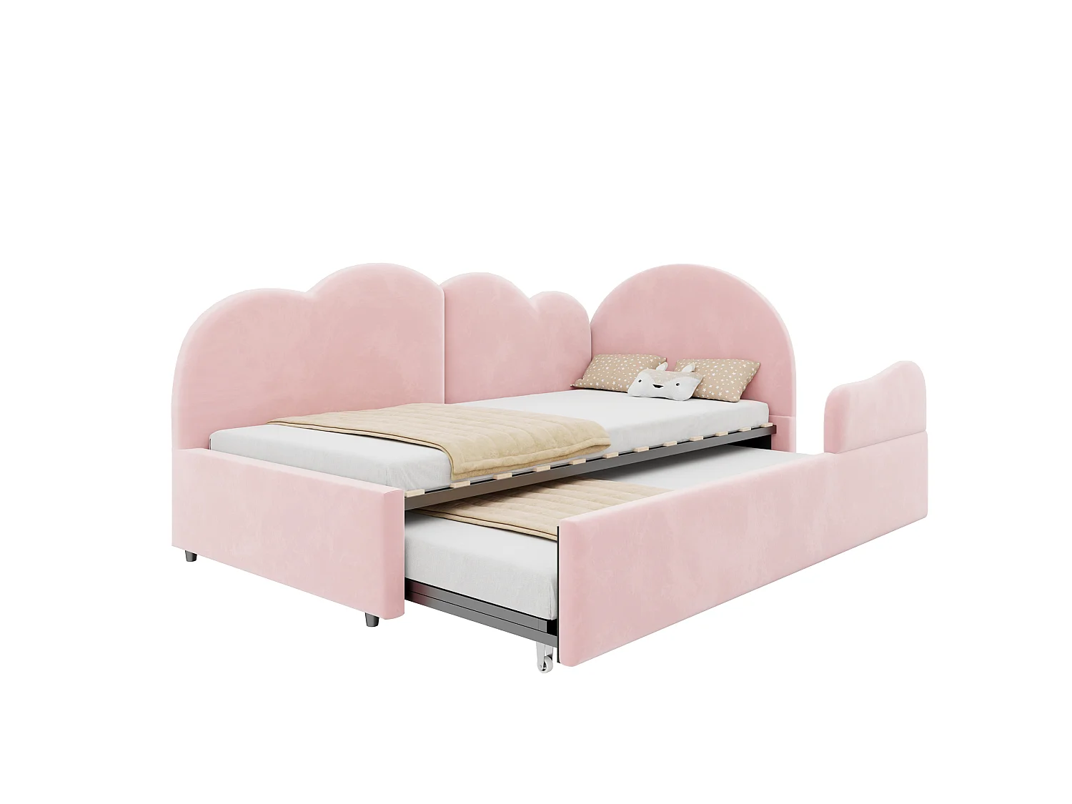 Canapé-lit capitonné 90x200cm + 90x190cm - Tête de lit en forme de nuage - Tissu velours - rose (matelas non inclus)