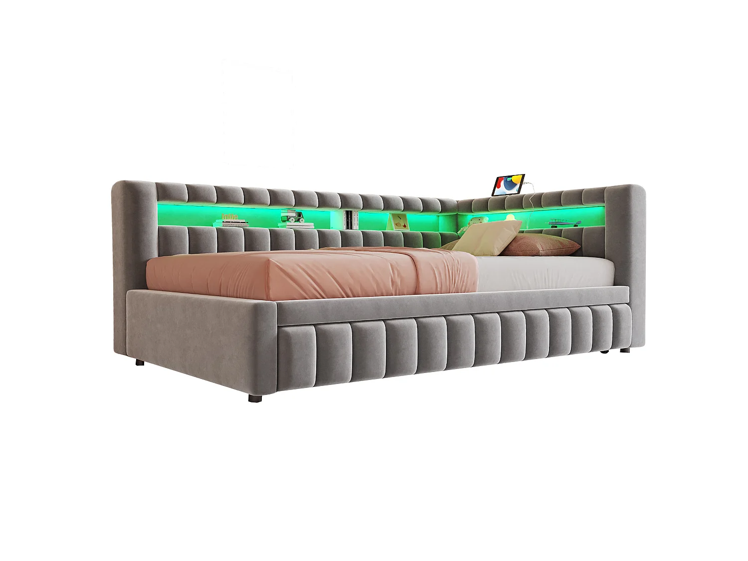 **Canapé-seng polstret 90x200cm - med LED-lys - med USB-opladningsport - fløjlsstof - lysegrå (madras ikke inkluderet)**