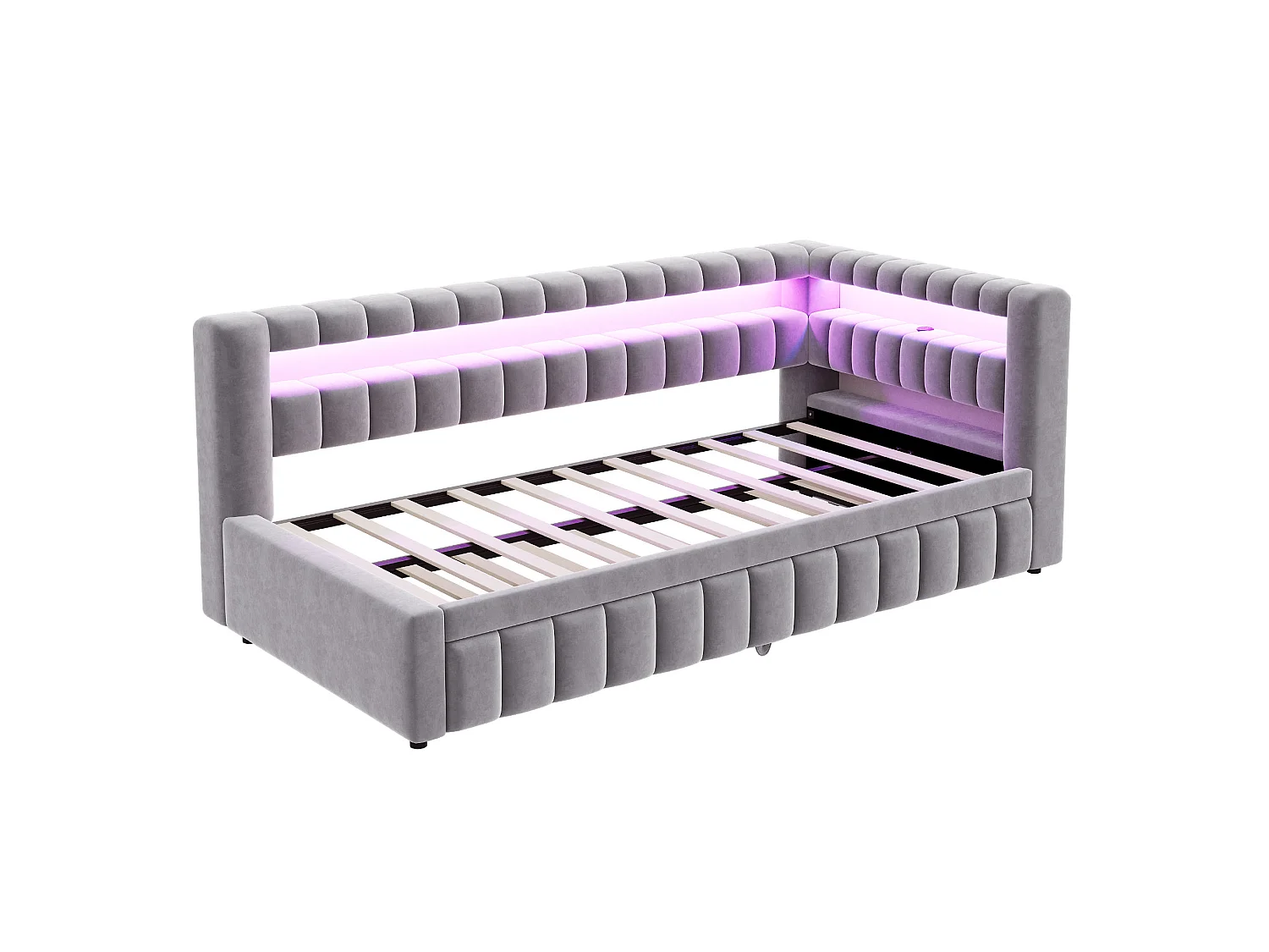 **Canapé-seng polstret 90x200cm - med LED-lys - med USB-opladningsport - fløjlsstof - lysegrå (madras ikke inkluderet)**