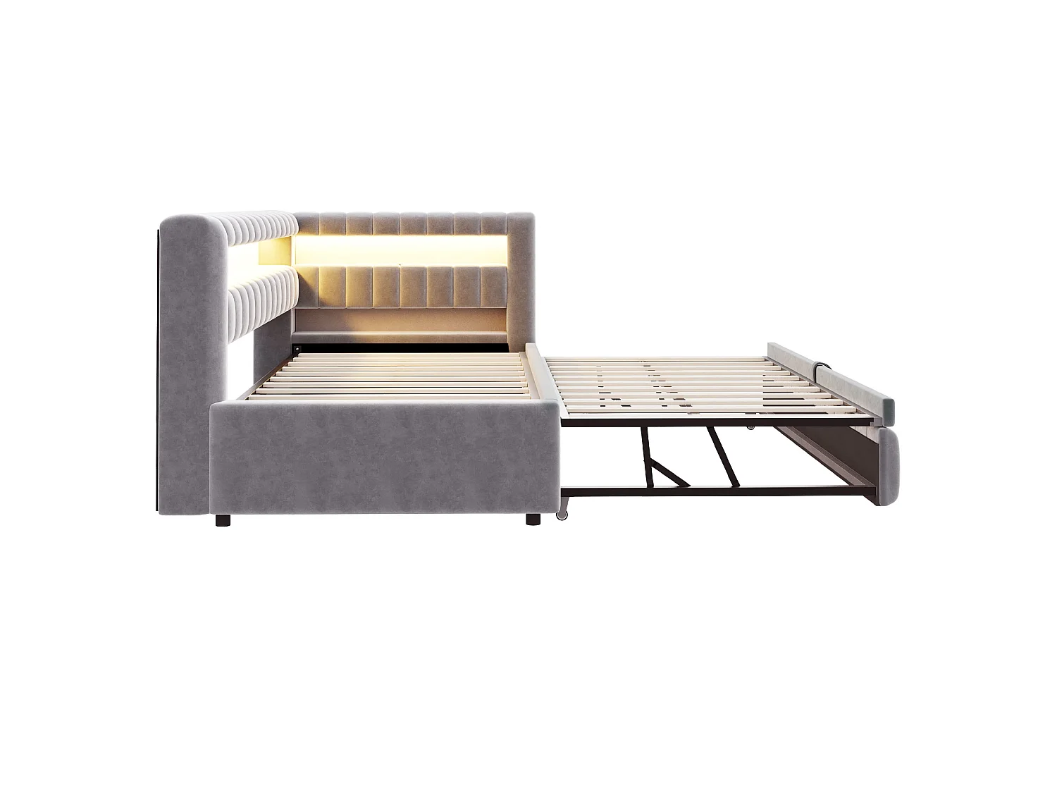 **Canapé-seng polstret 90x200cm - med LED-lys - med USB-opladningsport - fløjlsstof - lysegrå (madras ikke inkluderet)**
