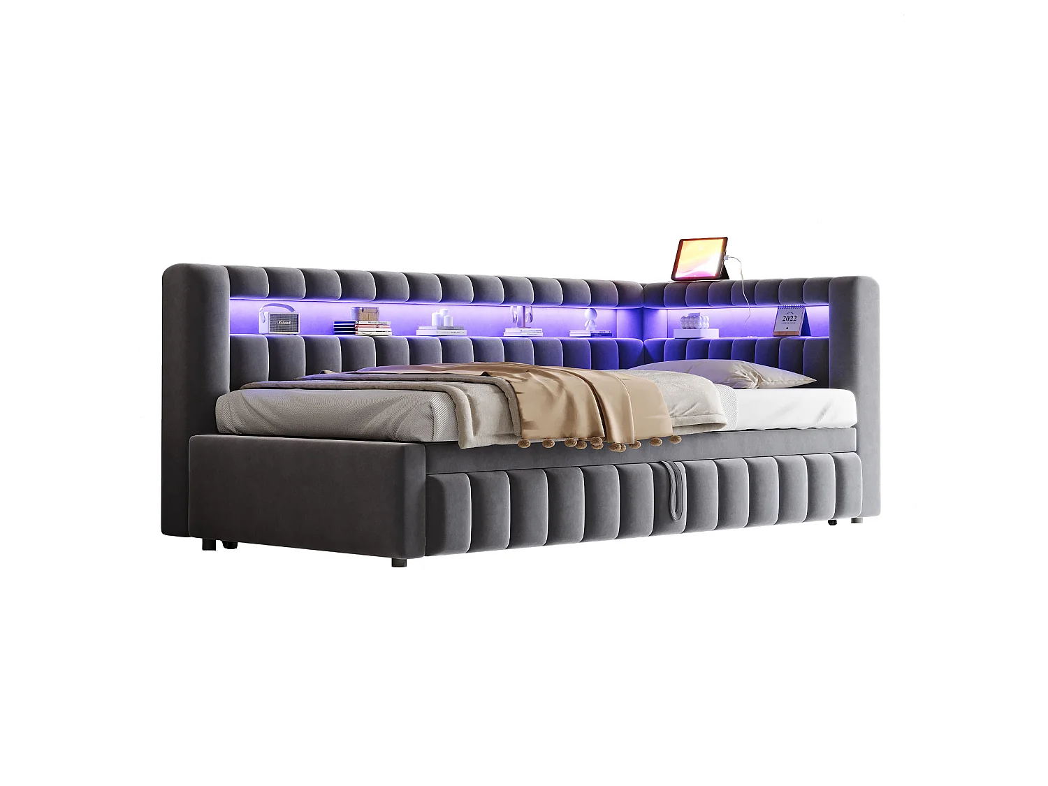 Canapé-lit capitonné 90x200cm - avec lumière LED - avec port de chargement USB - tissu velours - gris foncé (matelas non inclus)