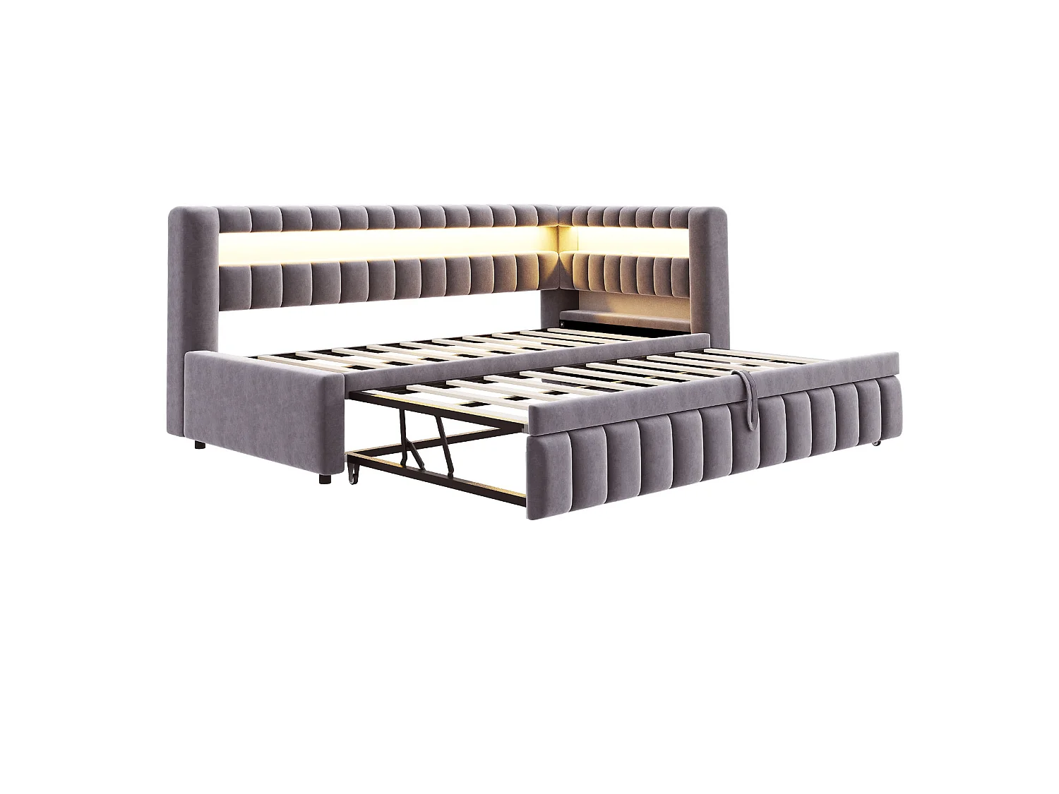 Canapé-lit capitonné 90x200cm - avec lumière LED - avec port de chargement USB - tissu velours - gris foncé (matelas non inclus)