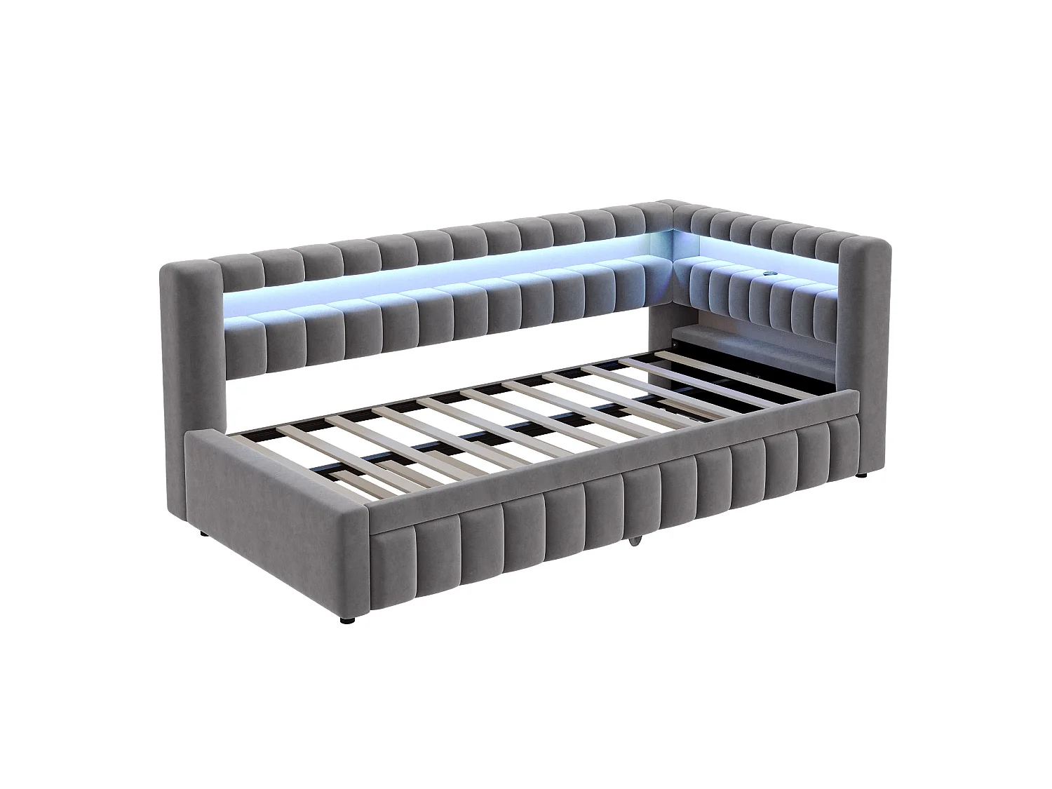Canapé-lit capitonné 90x200cm - avec lumière LED - avec port de chargement USB - tissu velours - gris foncé (matelas non inclus)