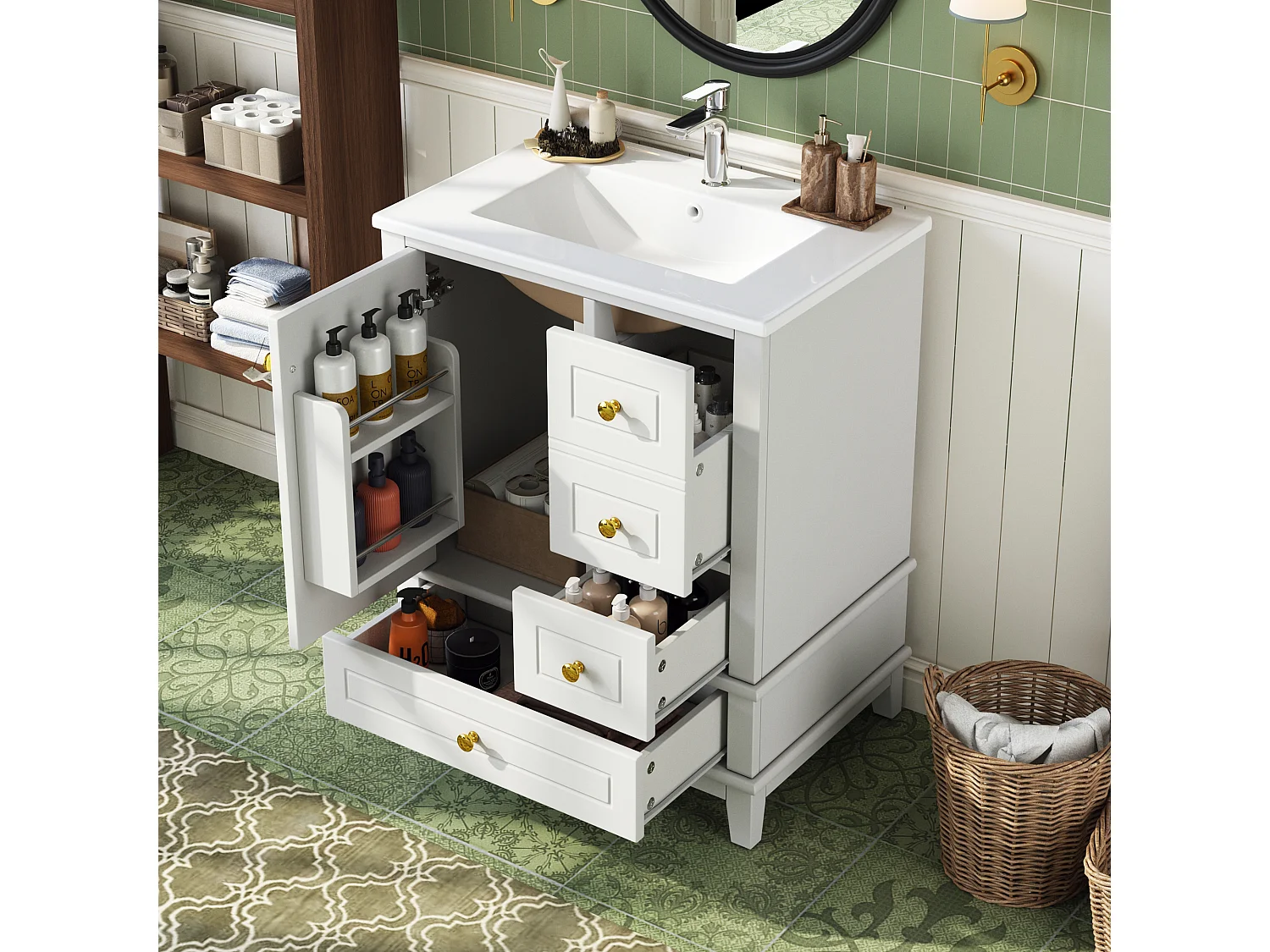 Meuble de Salle de Bain 61cm avec Vasque en Céramique - Ensemble sous-vasque sur pieds, 3 Tiroirs - Blanc Laqué