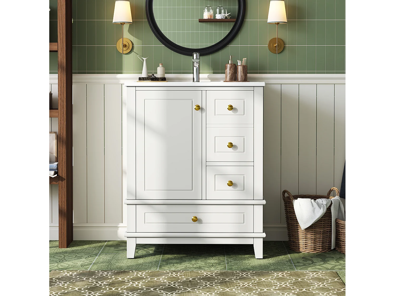 Meuble de Salle de Bain 61cm avec Vasque en Céramique - Ensemble sous-vasque sur pieds, 3 Tiroirs - Blanc Laqué