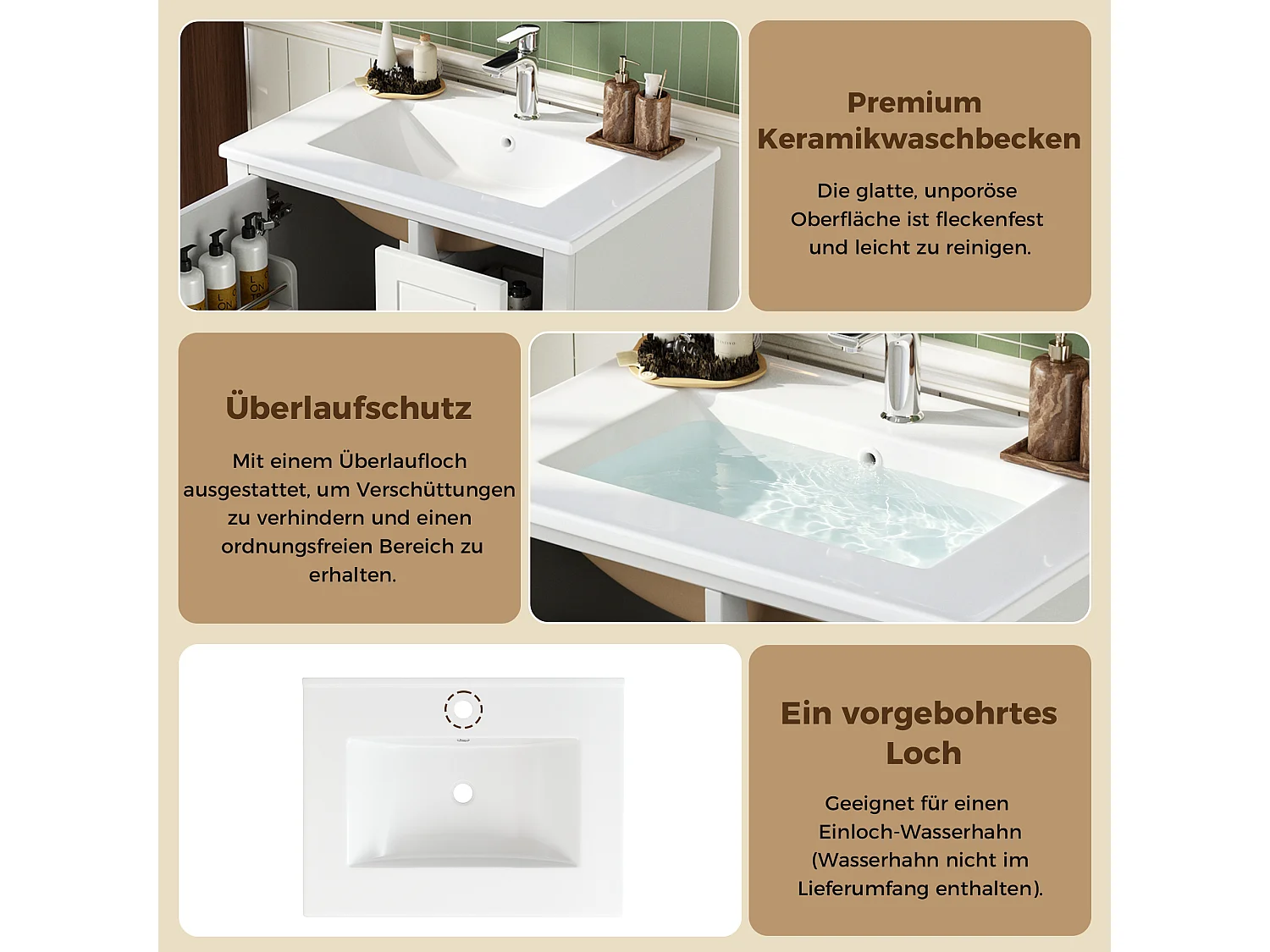 Meuble de Salle de Bain 61cm avec Vasque en Céramique - Ensemble sous-vasque sur pieds, 3 Tiroirs - Blanc Laqué