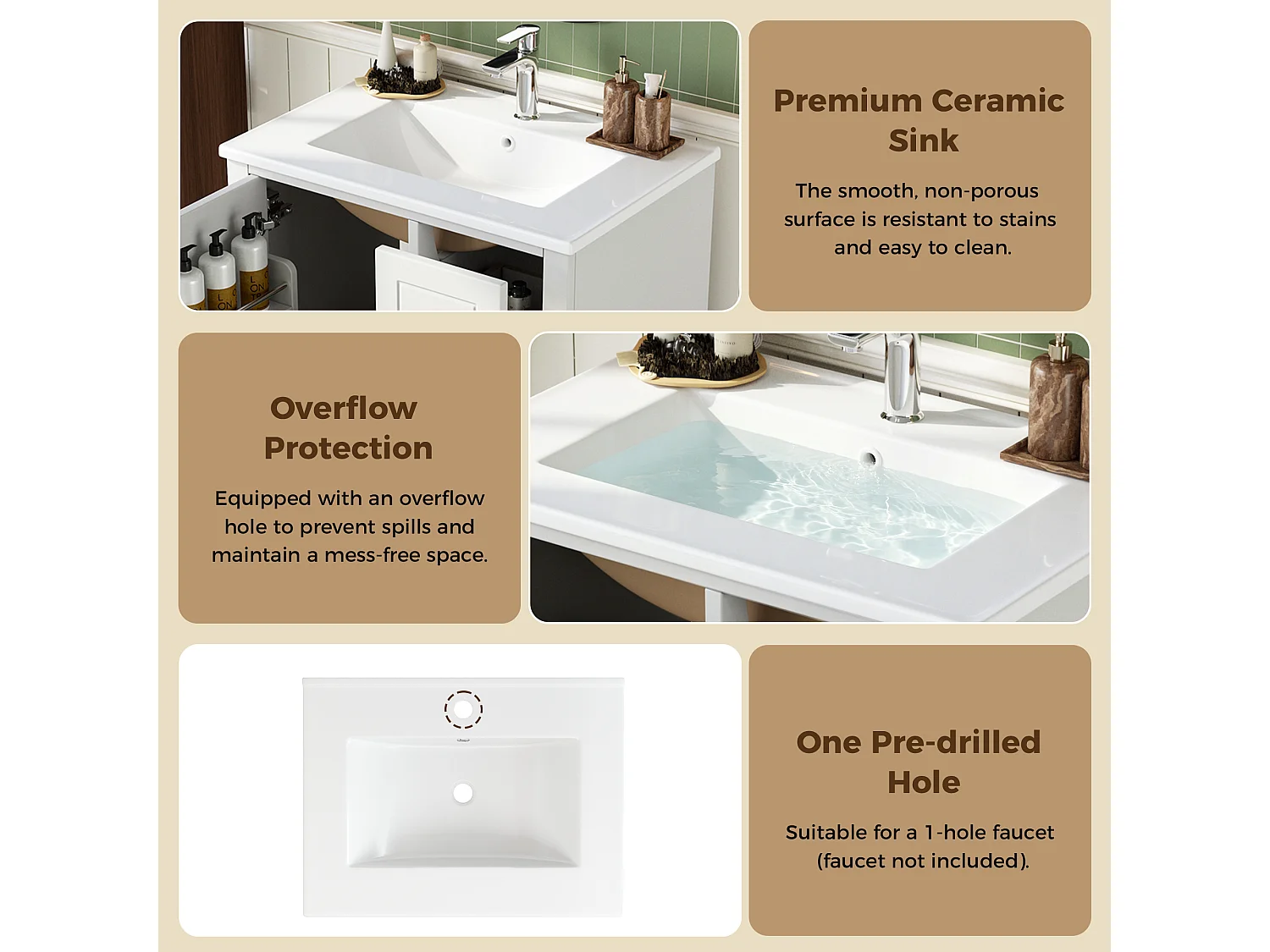 Meuble de Salle de Bain 61cm avec Vasque en Céramique - Ensemble sous-vasque sur pieds, 3 Tiroirs - Blanc Laqué