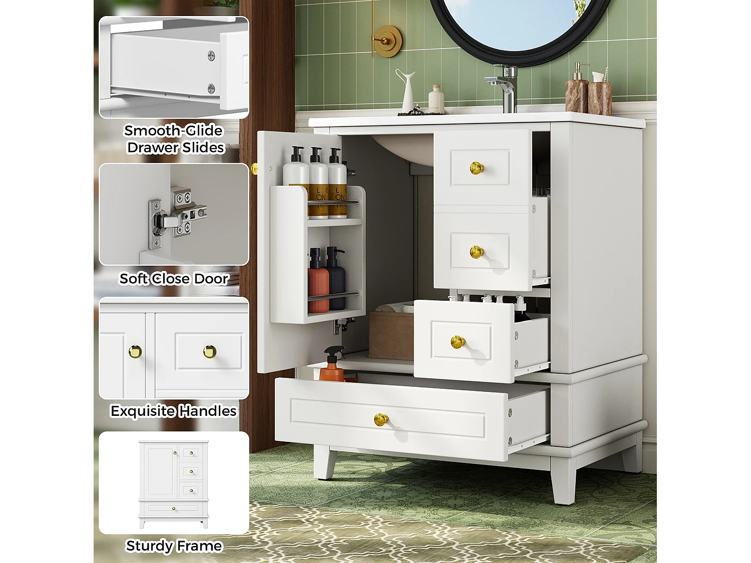 Meuble de Salle de Bain 61cm avec Vasque en Céramique - Ensemble sous-vasque sur pieds, 3 Tiroirs - Blanc Laqué