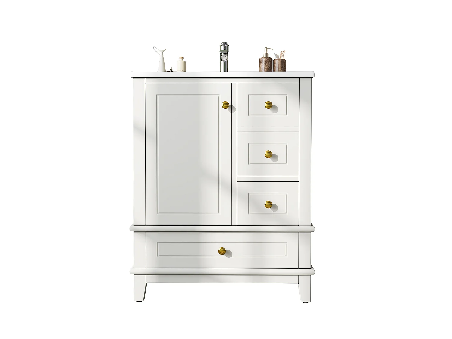 Meuble de Salle de Bain 61cm avec Vasque en Céramique - Ensemble sous-vasque sur pieds, 3 Tiroirs - Blanc Laqué
