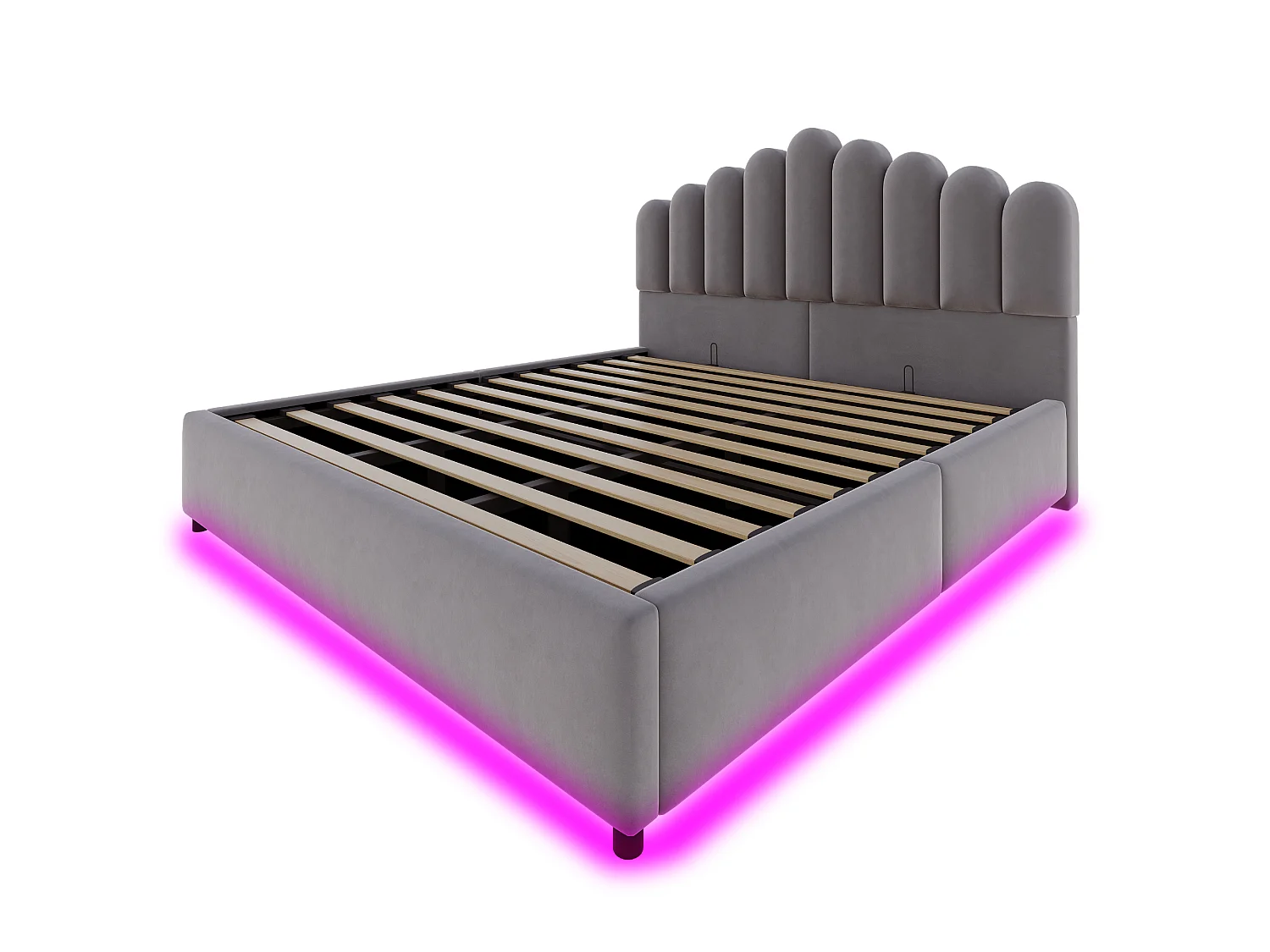 Łóżko skrzyniowe tapicerowane 180 × 200 cm - z oświetleniem LED - stelażem listwowym - tkaniną welurową - szary (materac nie w zestawie)