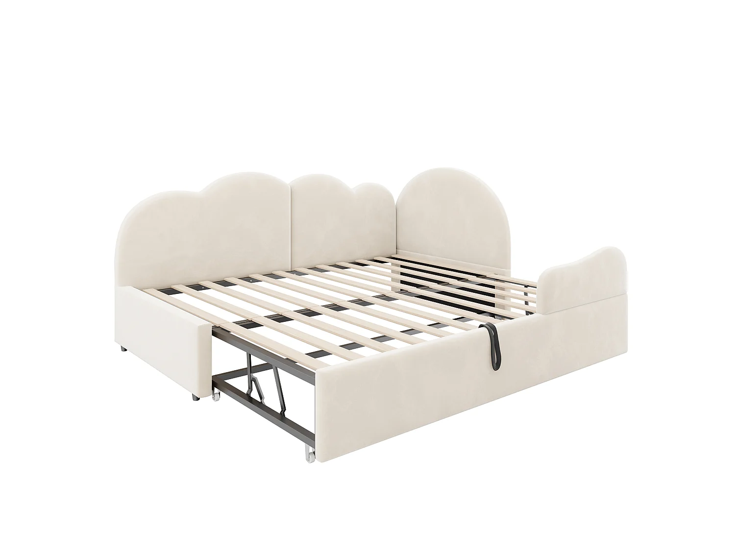 Canapé-lit capitonné 90x200cm + 90x190cm - Tête de lit en forme de nuage - Tissu velours - Beige (matelas non inclus)