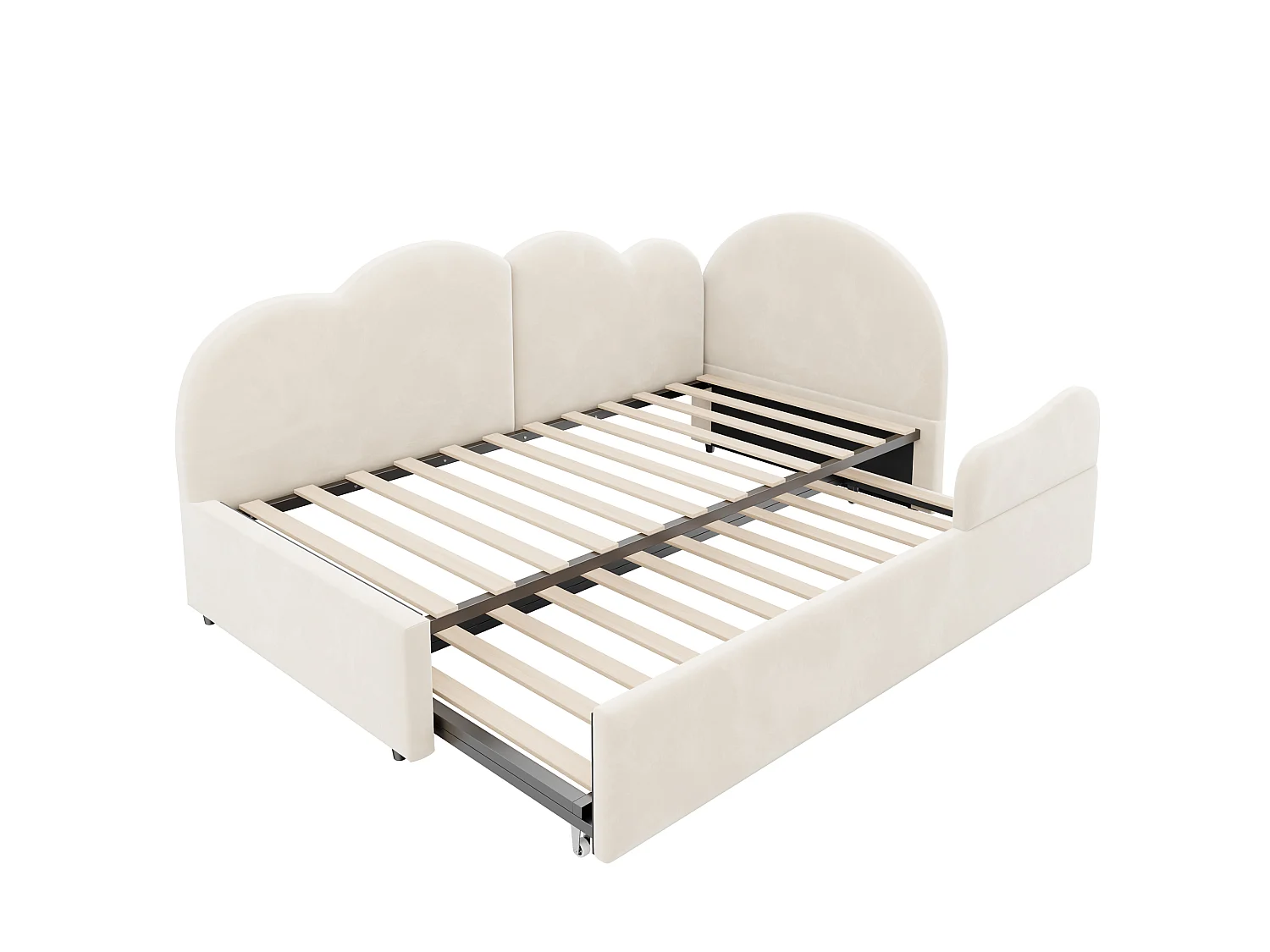 Canapé-lit capitonné 90x200cm + 90x190cm - Tête de lit en forme de nuage - Tissu velours - Beige (matelas non inclus)